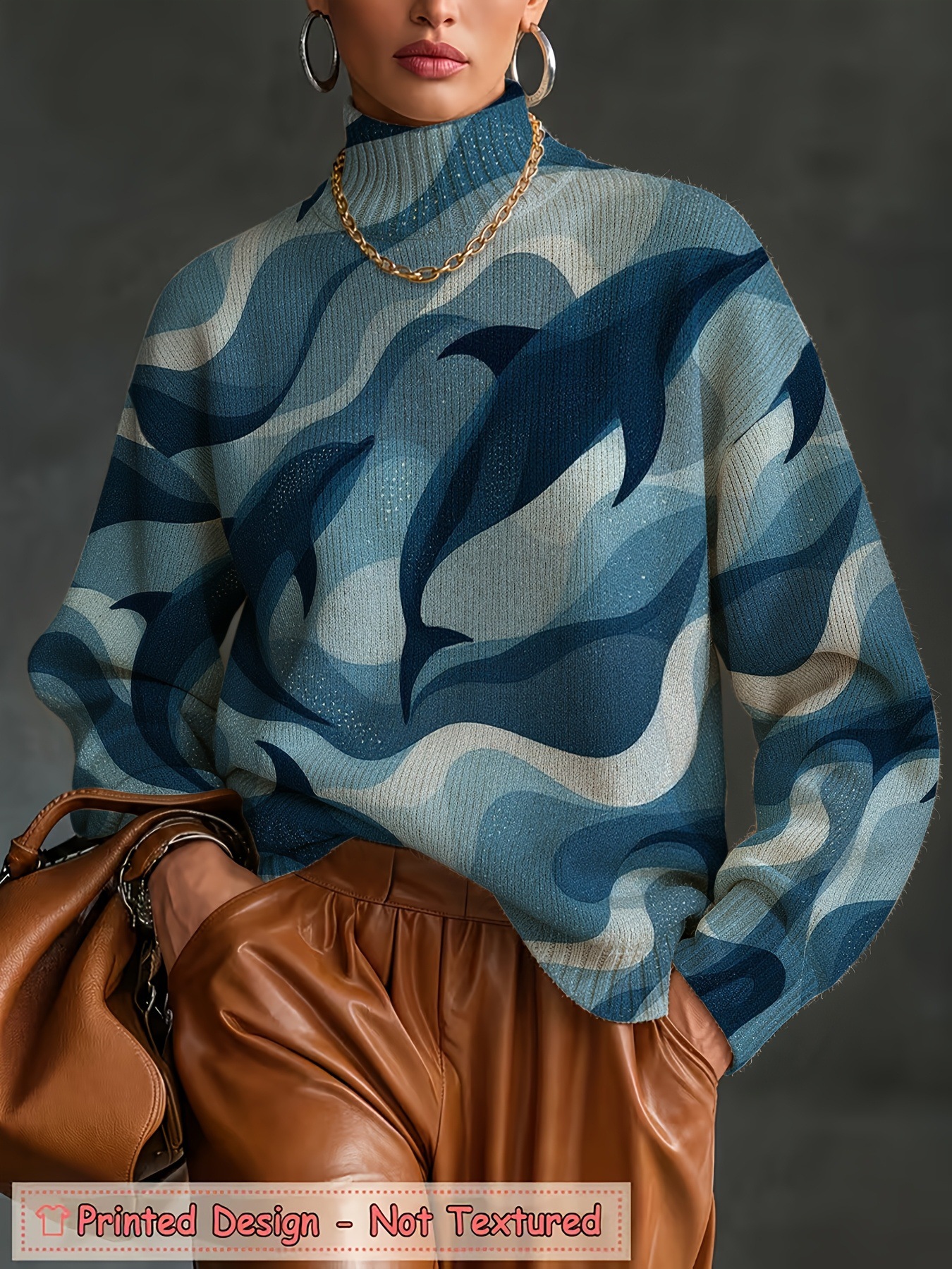 1. Women's Oversized Turtleneck Sweater, Ocean Dolphin Wave Print Long Sleeve Loose Casual Fall Winter Pullover Knit Top 2.