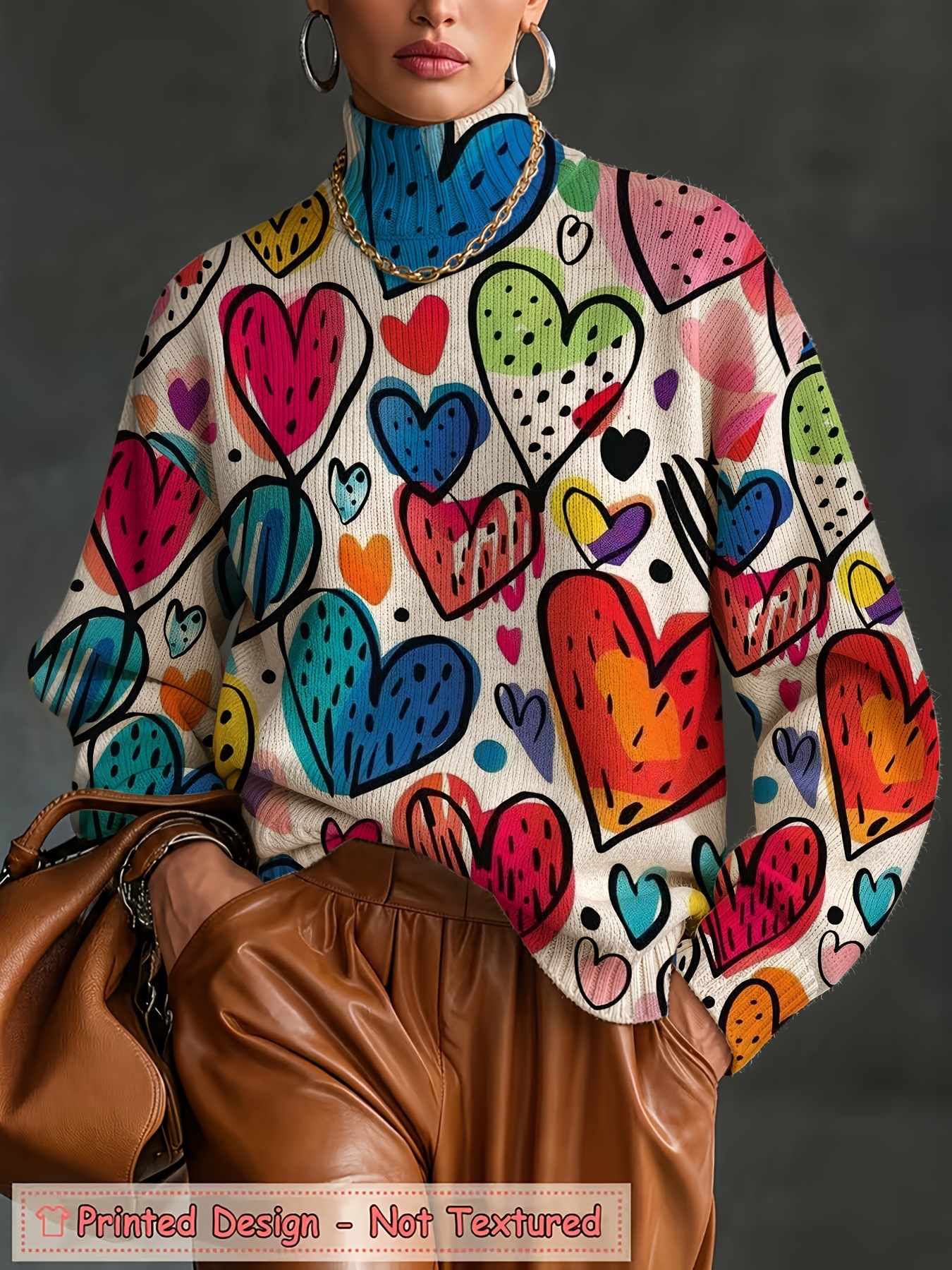 Women's Oversized Turtleneck Sweater, Colorful Graffiti Heart Print Long Sleeve Loose Casual Fall Winter Pullover Knit Top 2.