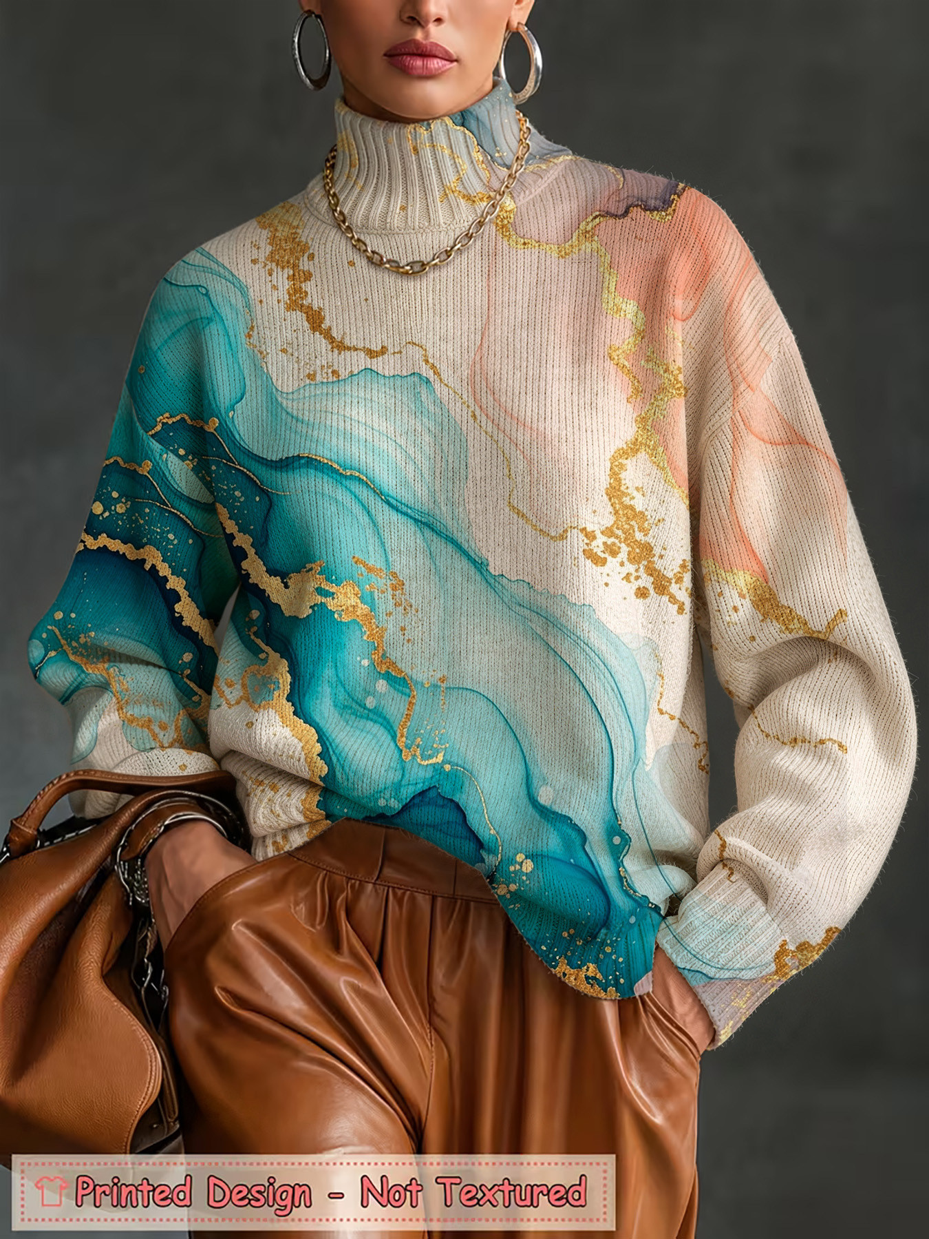  Women's Oversized Turtleneck Sweater, Marble Alcohol Ink Gold Foil Print Long Sleeve Loose Casual Fall Winter Pullover Knit Top 2.