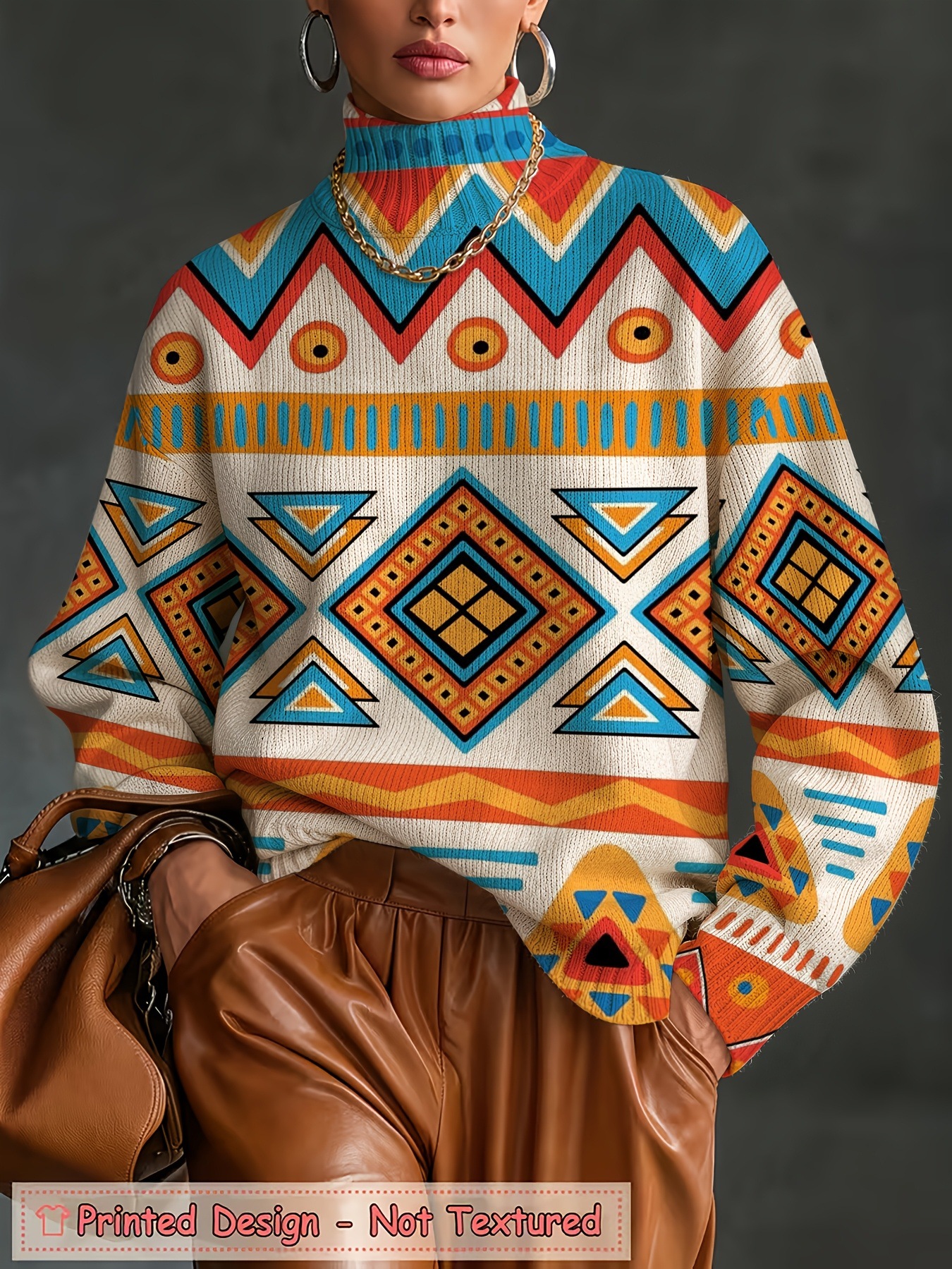 Women's Oversized Turtleneck Sweater, Bohemian Aztec Geometric Print Long Sleeve Loose Casual Fall Winter Pullover Knit Top