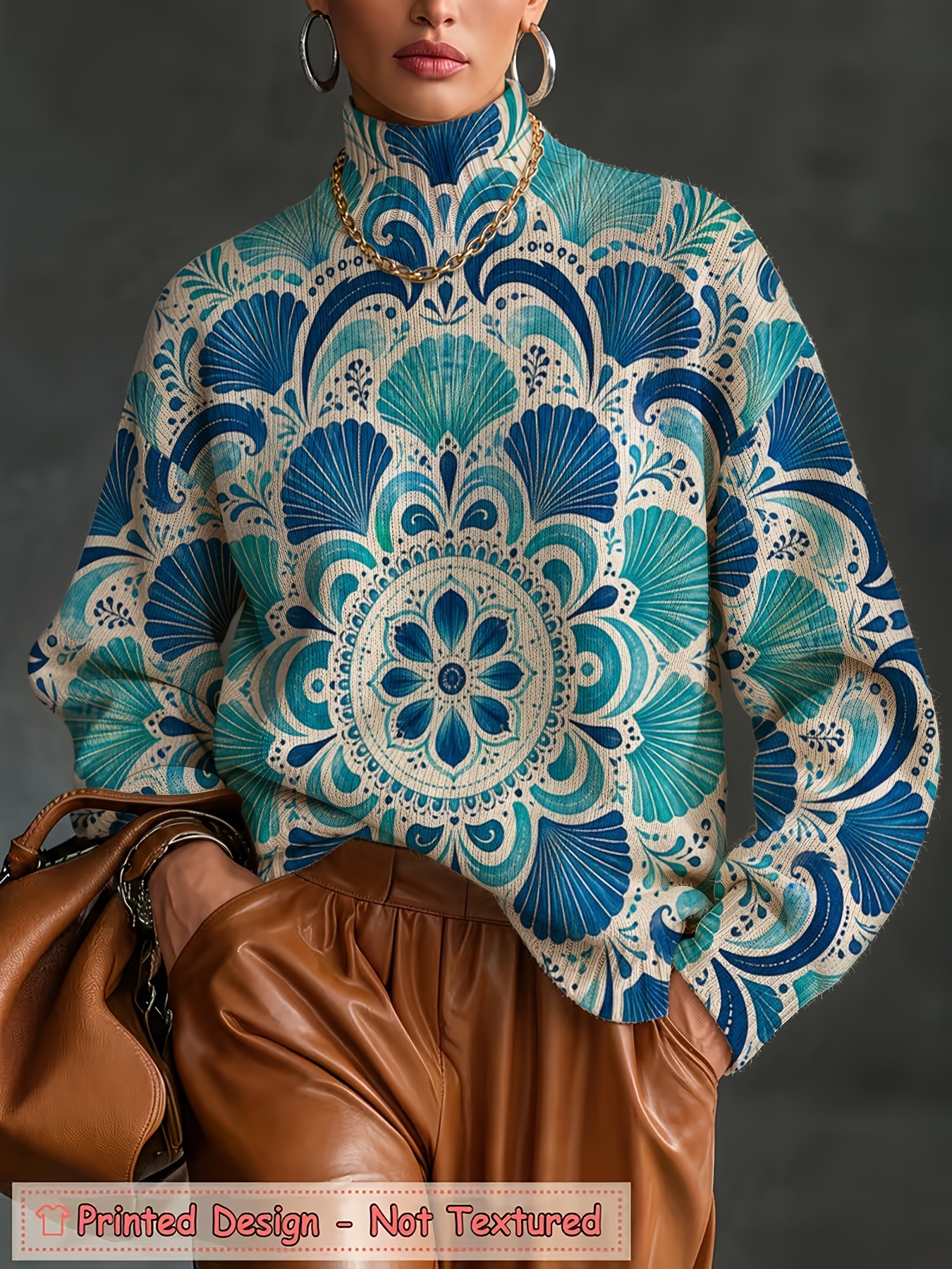 Women's Oversized Turtleneck Sweater, Boho Mandala Floral Print Long Sleeve Loose Casual Fall Winter Pullover Knit Top 2.