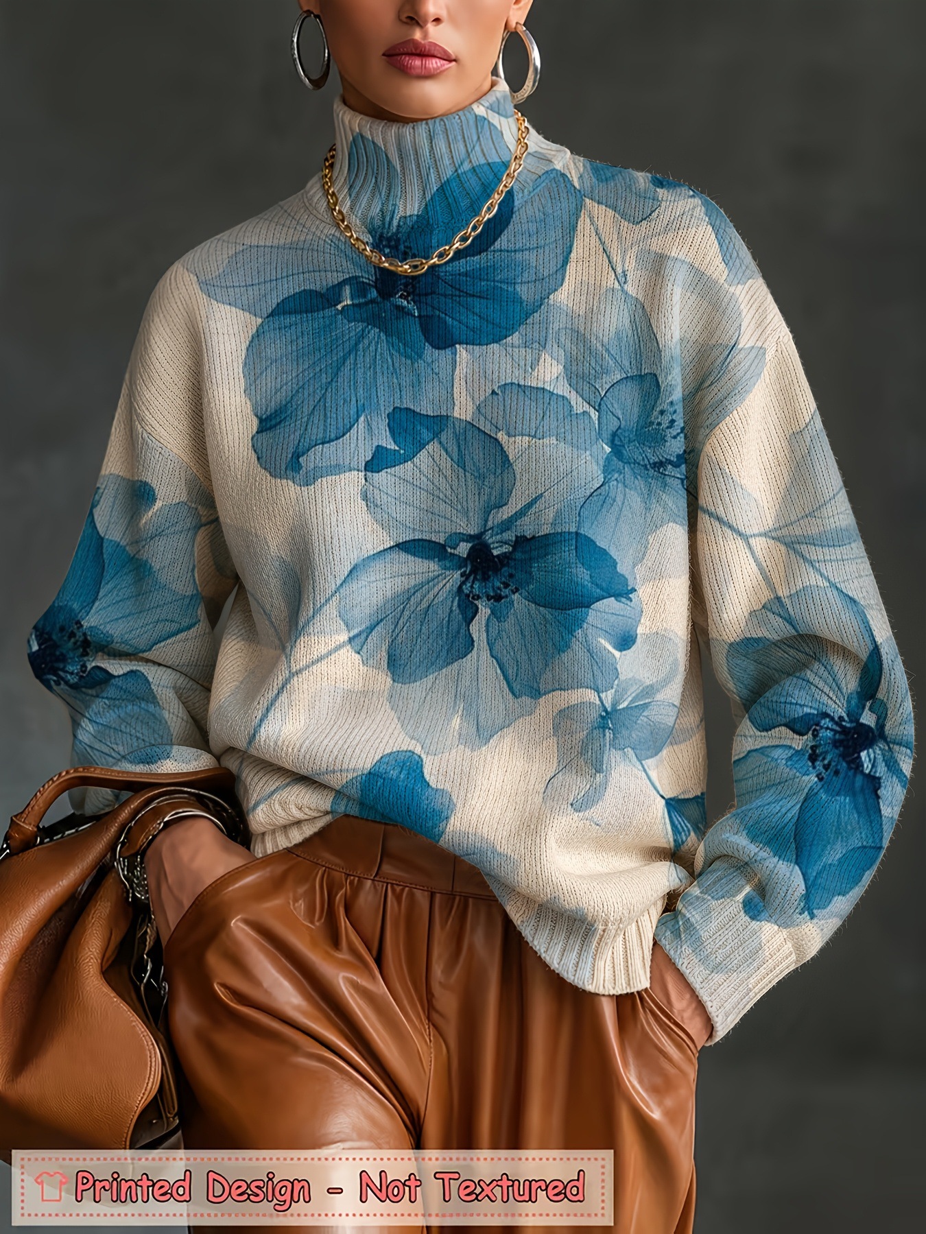 Women's Oversized Turtleneck Sweater, Watercolor Blue Floral Print Long Sleeve Loose Casual Fall Winter Pullover Knit Top 2.