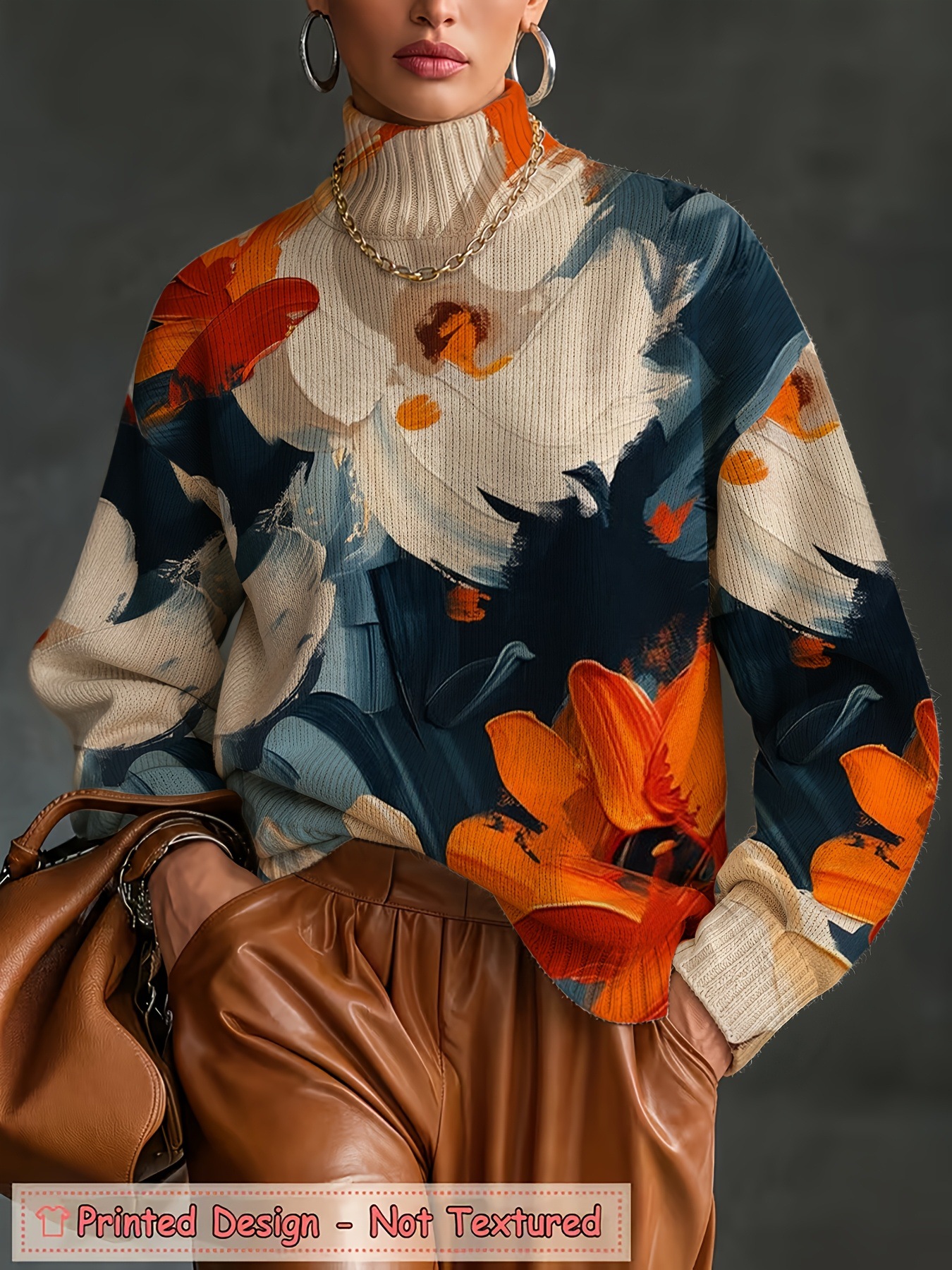 Women's Oversized Turtleneck Sweater, Abstract Oil Painting Floral Print Long Sleeve Loose Casual Fall Winter Pullover Knit Top 2.