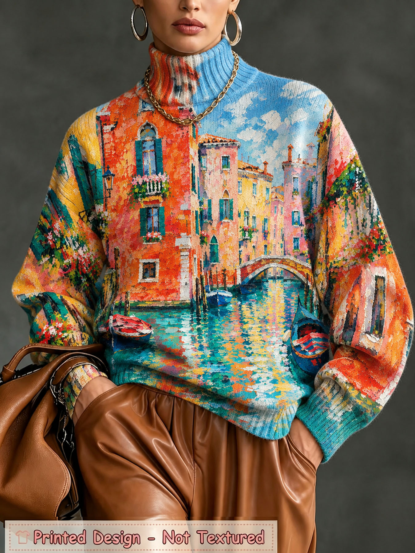 Women's Oversized Turtleneck Sweater, Venice Canal Oil Painting Print Long Sleeve Loose Casual Fall Winter Pullover Knit Top