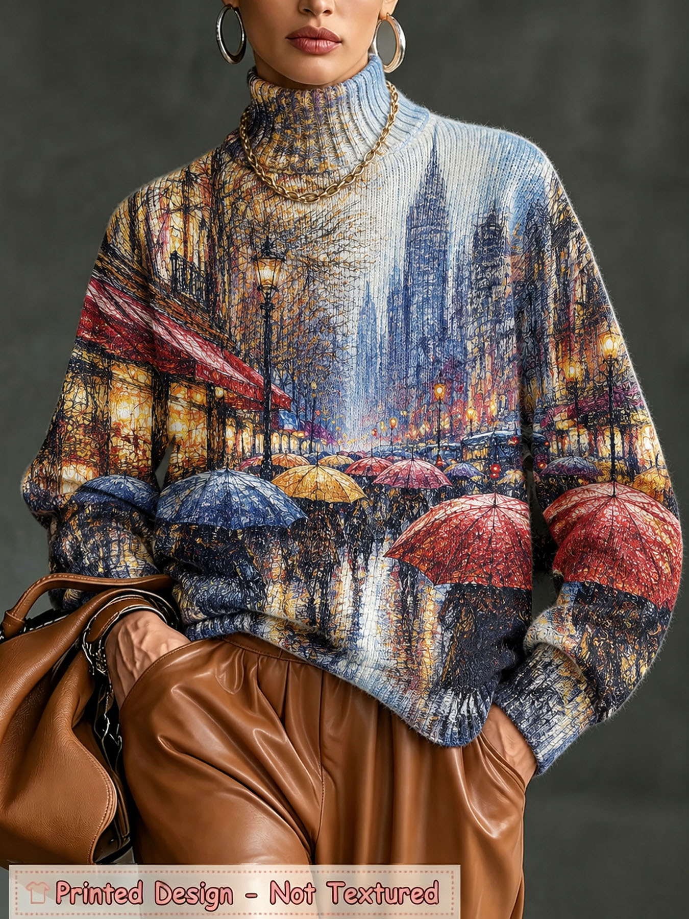 Women's Oversized Turtleneck Sweater, Rainy City Street Oil Painting Print Long Sleeve Loose Casual Fall Winter Pullover Knit Top 2.