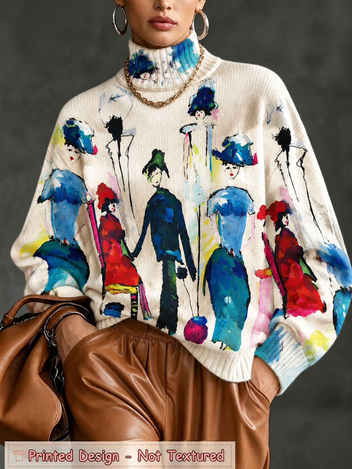 Women's Oversized Turtleneck Sweater, Abstract Art Figure Painting Print Long Sleeve Loose Casual Fall Winter Pullover Knit Top