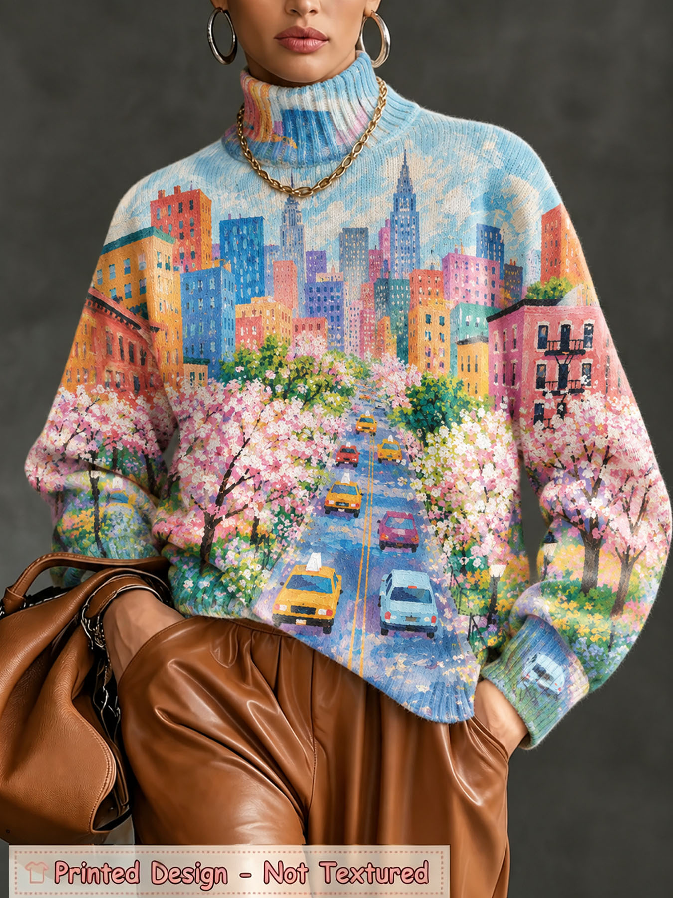 Women's Oversized Turtleneck Sweater, New York Cityscape Oil Painting Print Long Sleeve Loose Casual Fall Winter Pullover Knit Top