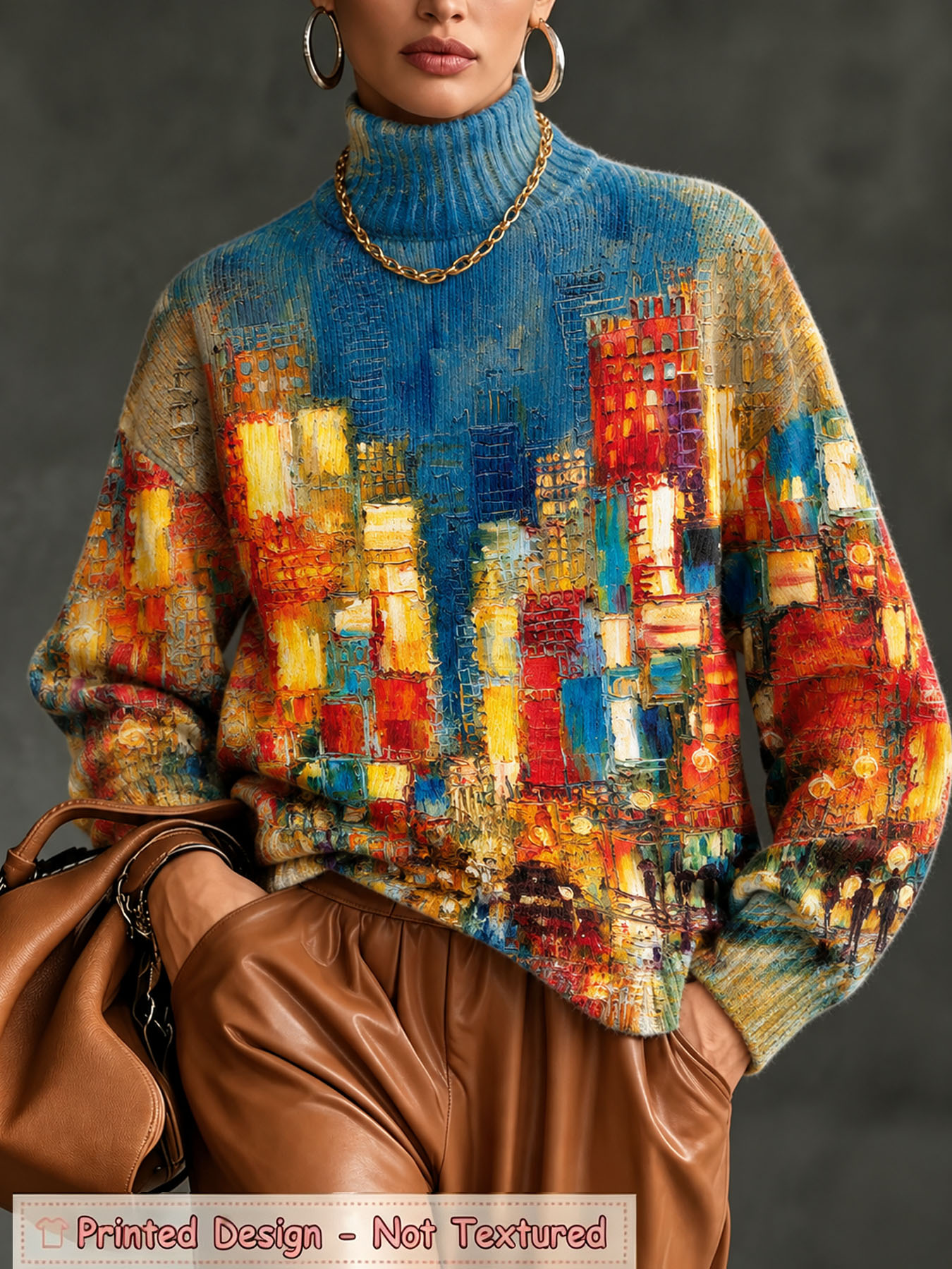 Women's Oversized Turtleneck Sweater, Abstract City Building Oil Painting Print Long Sleeve Loose Casual Fall Winter Pullover Knit Top 2.
