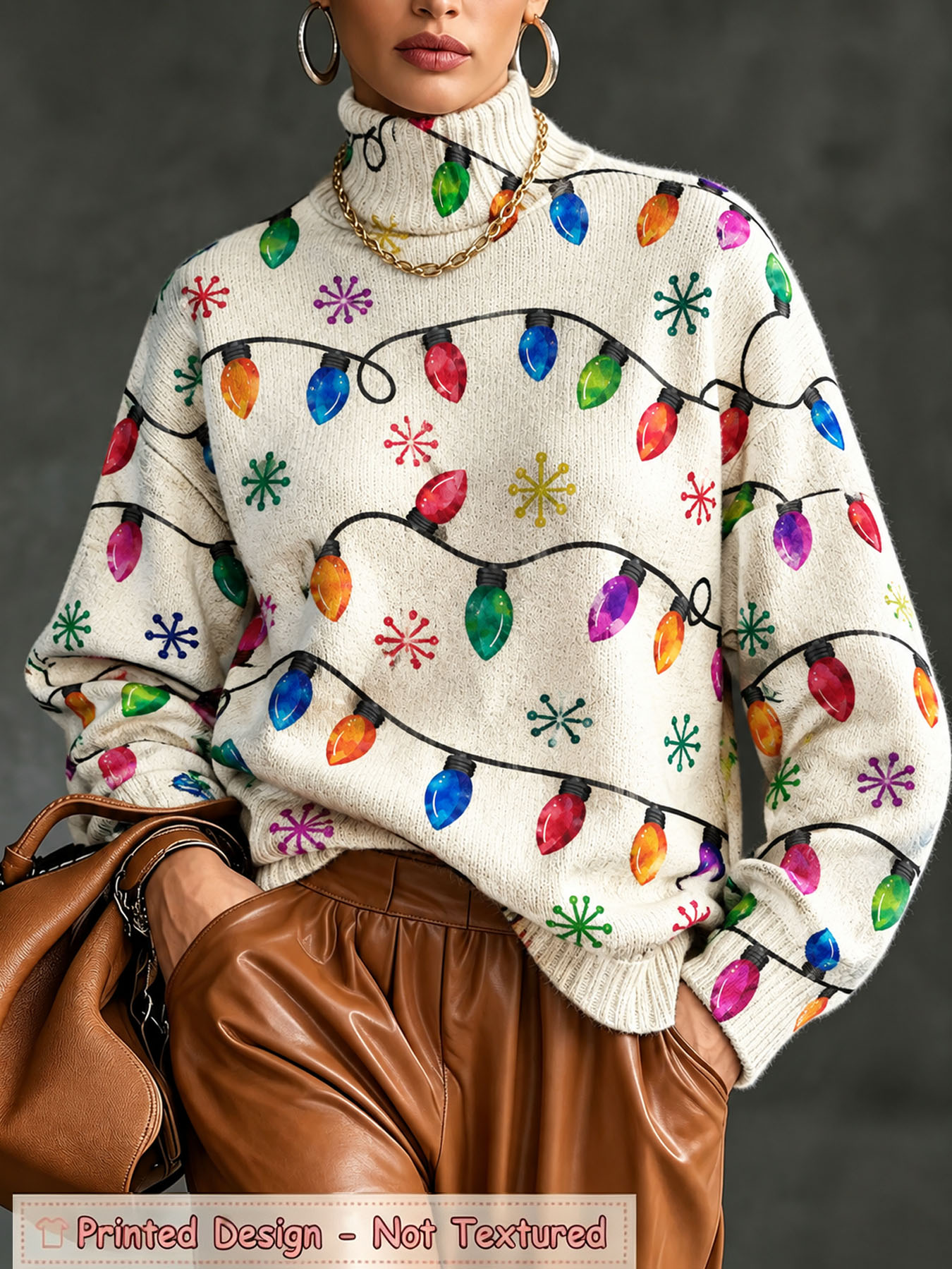 Women's Oversized Turtleneck Sweater, Christmas String Lights Snowflake Print Long Sleeve Loose Fall Winter Holiday Pullover Knit Top