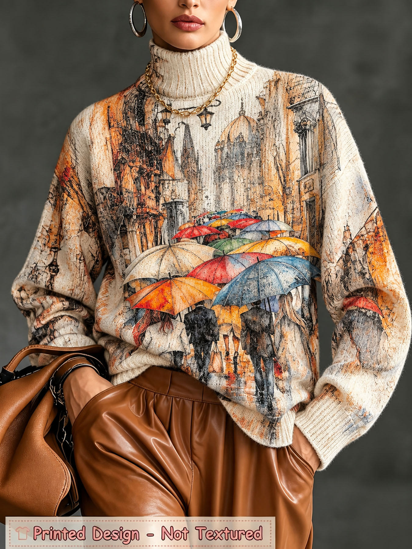 Women's Oversized Turtleneck Sweater, European Rainy Street Scene Oil Painting Print Long Sleeve Loose Casual Fall Winter Pullover Knit Top