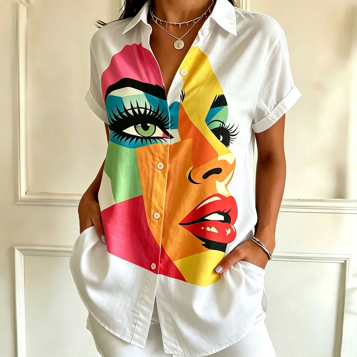 Women’s Abstract Graphic Print Button Down Shirt – Colorful Artistic Short Sleeve Blouse Casual Loose Fit Top