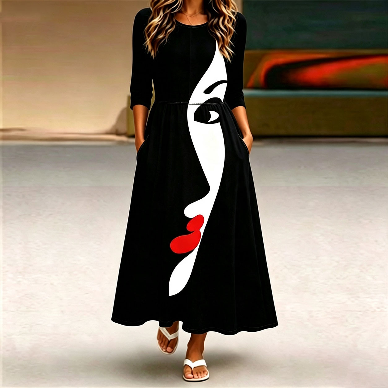 Women's Abstract Face Print Midi Dress – Elegant Long Sleeve Casual A-Line Dress with Pockets