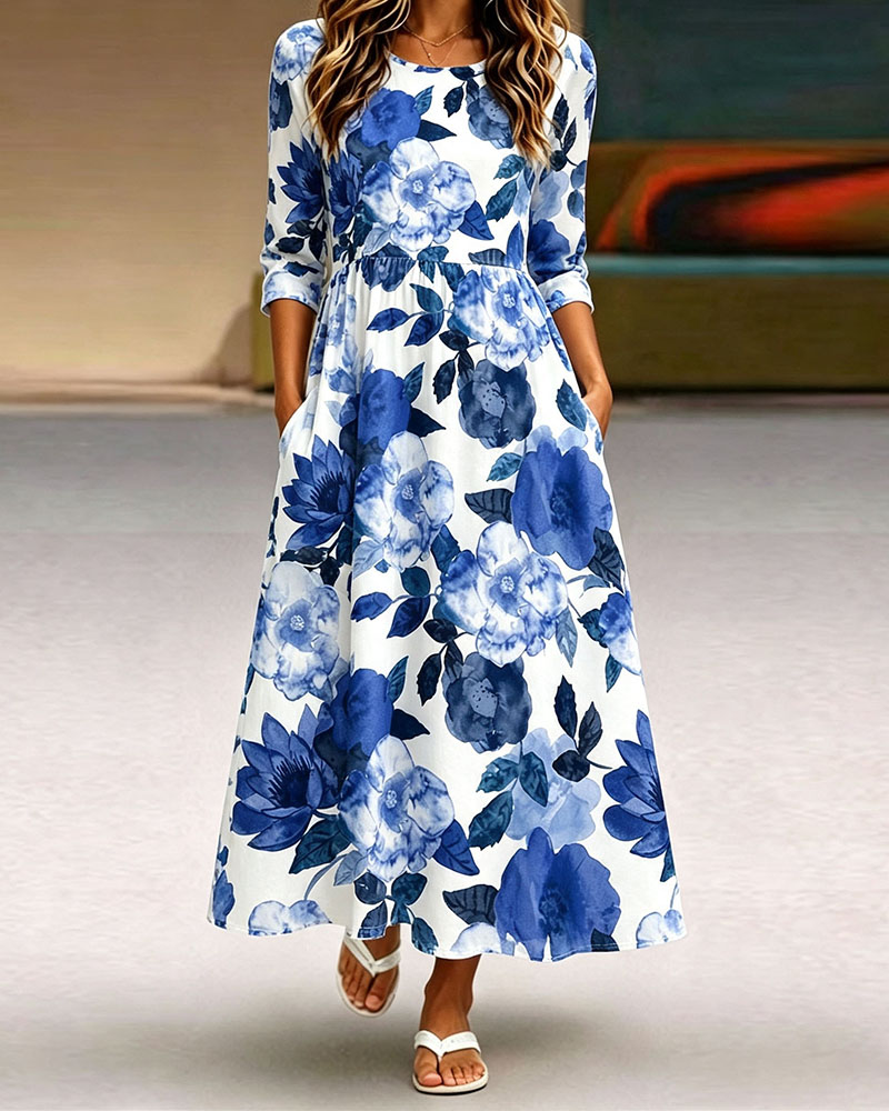 Women's Floral Midi Dress Casual A Line Dress with Pockets Blue Floral Print Long Dress for Women Summer Spring Vacation Outfit-gemscharms