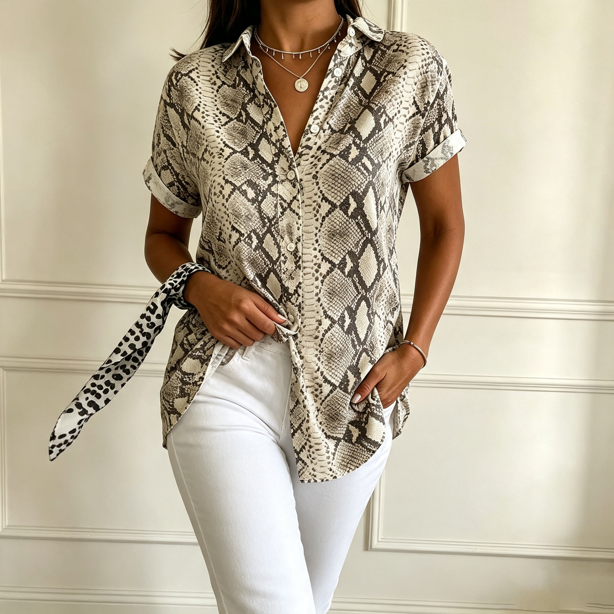 Women's Snake Print Button Down Shirt Short Sleeve Animal Print Blouse Lightweight Polyester Casual Loose Fit Fashion Tops for Vacation Work Daily Wear