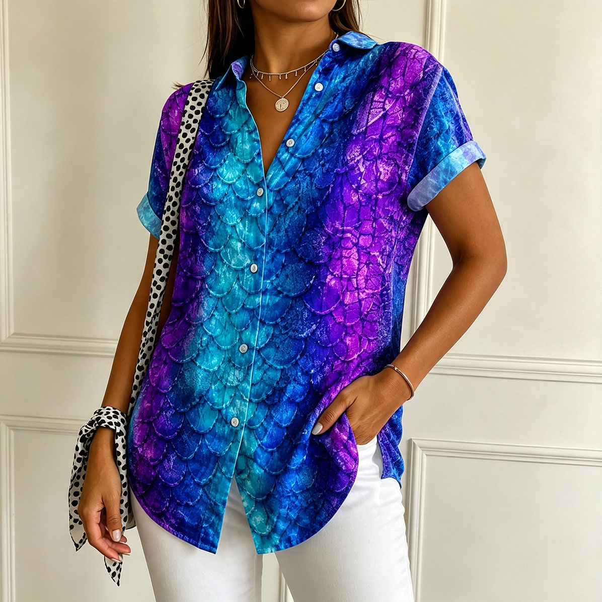 Women’s Short Sleeve Button Down Shirt – Vibrant Mermaid Scale Print Casual Blouse, Lightweight Summer Top
