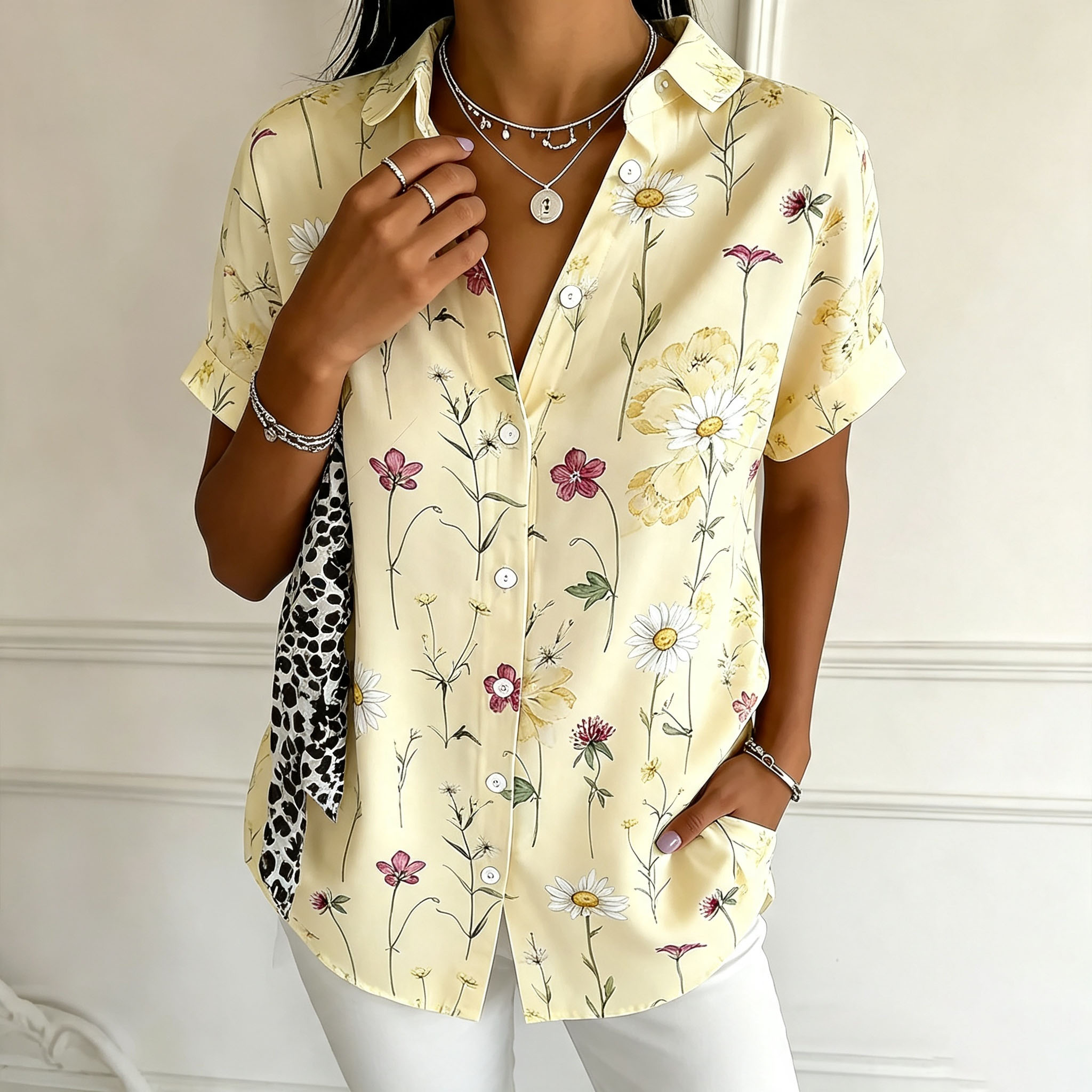 Women's Floral Print Short Sleeve Button Down Shirts, Lightweight Polyester Collared Pocket Blouses Casual Summer Loose Fit Tops