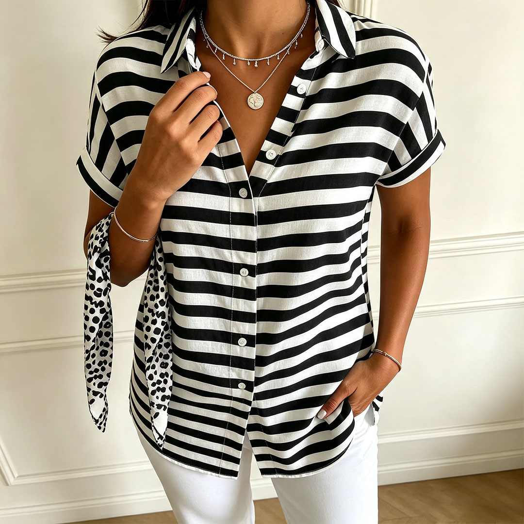 Women's Black and White Striped Button Down Shirt – Short Sleeve Casual Blouse, Lightweight Loose Fit Summer Top