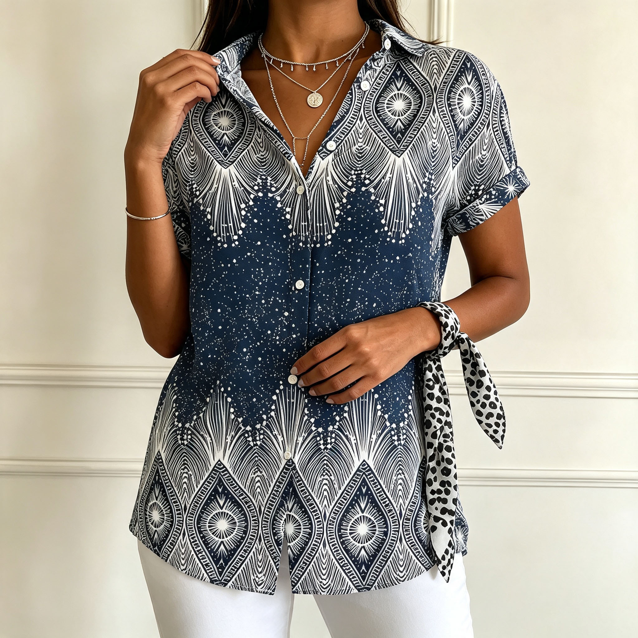    Women's Short Sleeve Button Down Shirt – Elegant Printed Casual Blouse with Soft Polyester Fabric