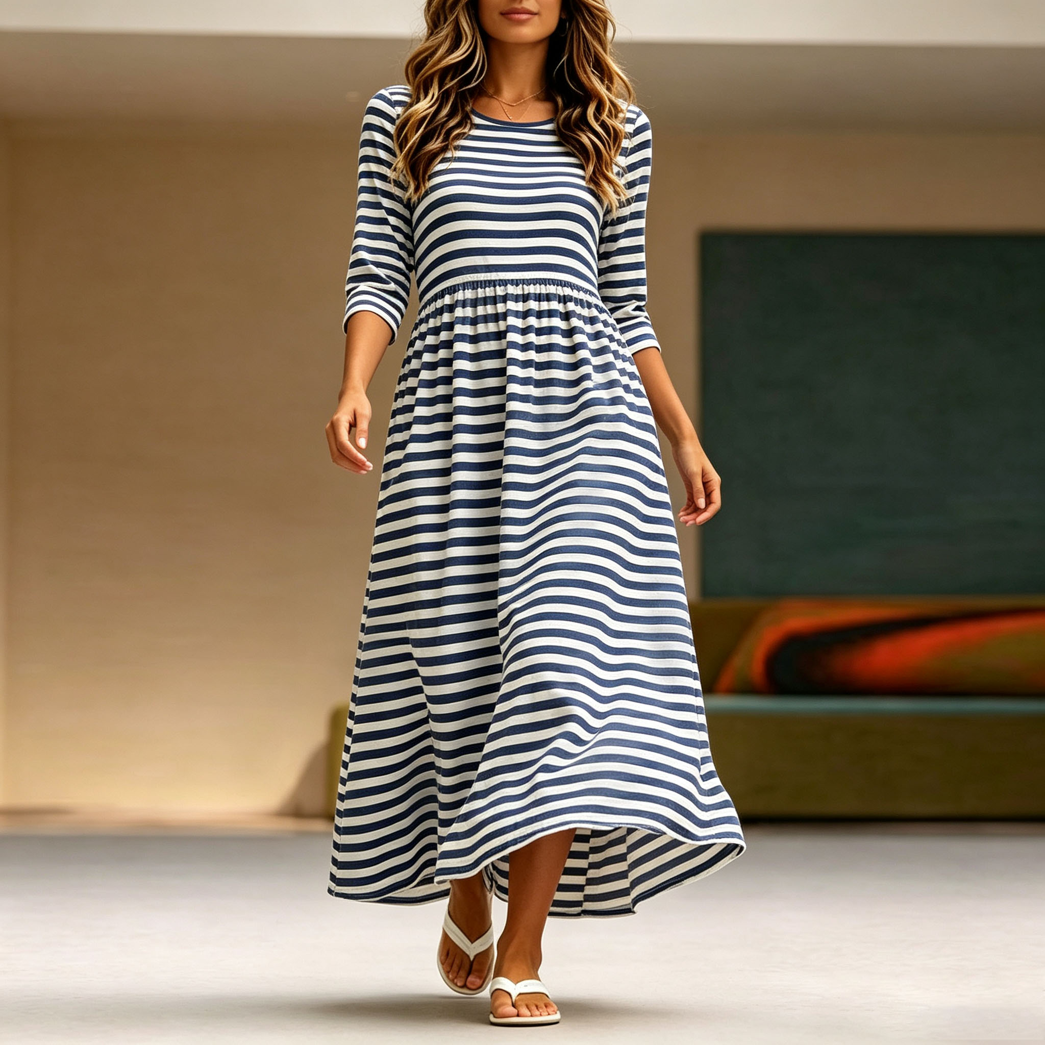 Women’s Striped Maxi Dress, Navy Blue and White Long Sleeve Casual Dress, A-Line Swing Dress with Pockets, Classic Casual Summer Dress for Vacation, Travel, Work & Everyday Wear
