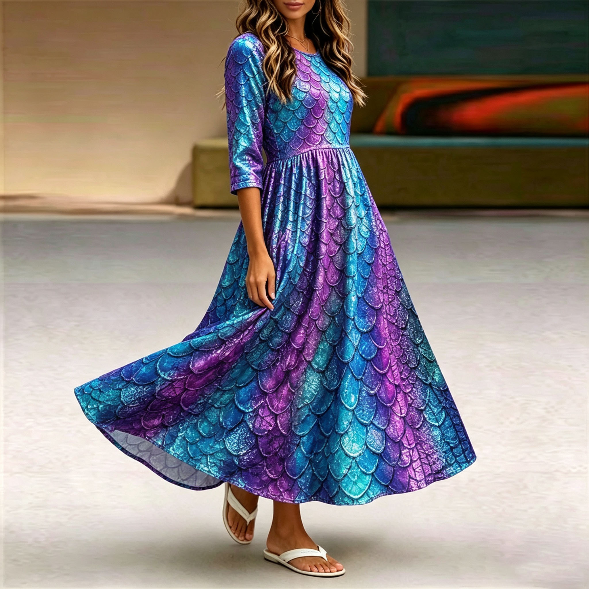 Women's Mermaid Scale Print Maxi Dress 5/8 Sleeve Casual A Line Dress Round Neck High Waist Swing Dress Colorful Fantasy Dress with Pockets