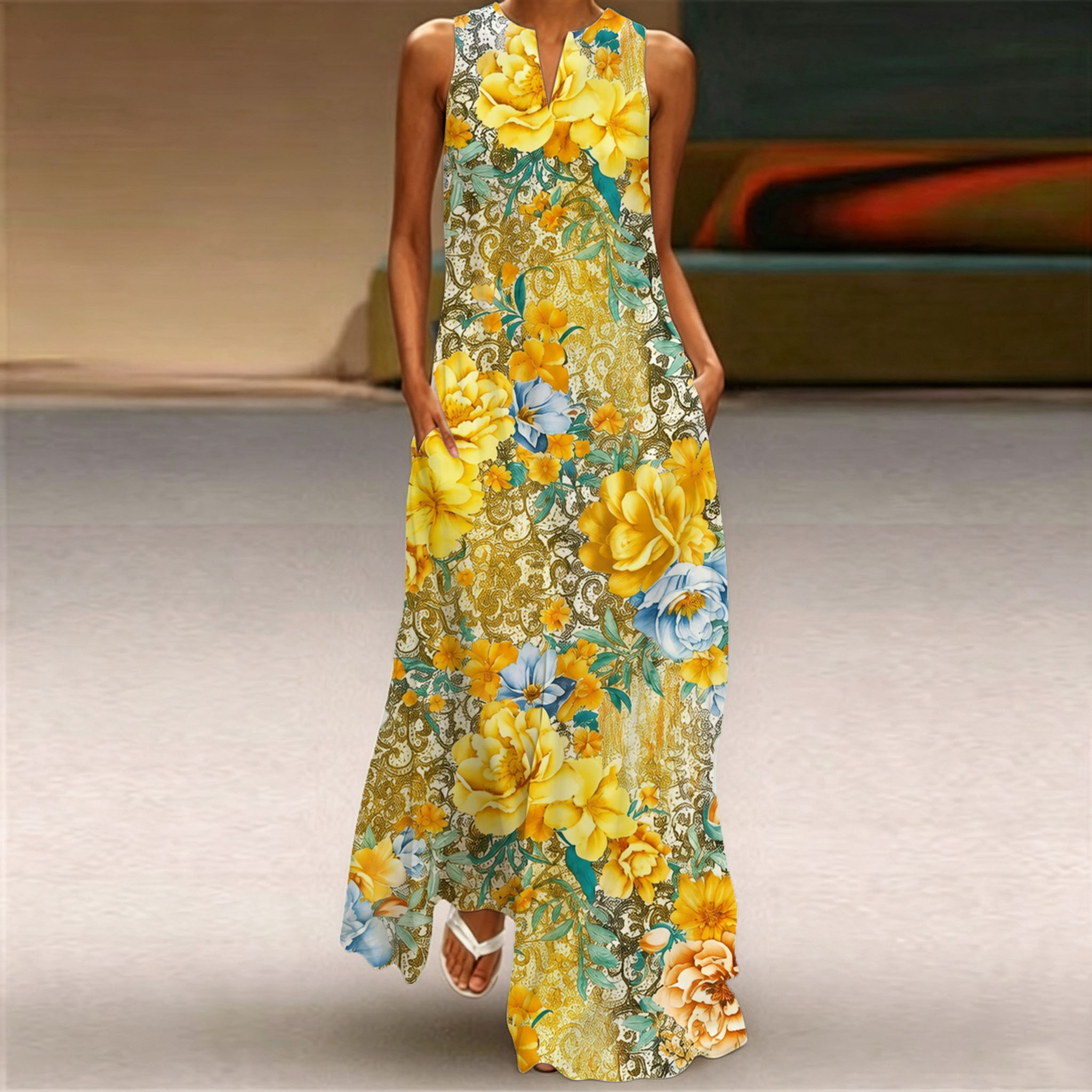Women's Yellow Floral Print Maxi Dress – Sleeveless Summer Casual Dress with Elegant Vintage Flower Pattern and Relaxed Fit