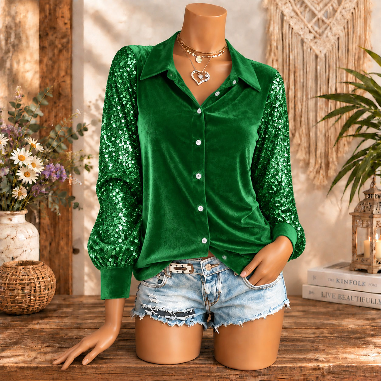 Women's Velvet Button Down Shirt Sequin Long Sleeve Blouse Elegant Sparkle Party Top Casual Luxury Shirt for Fall Winter