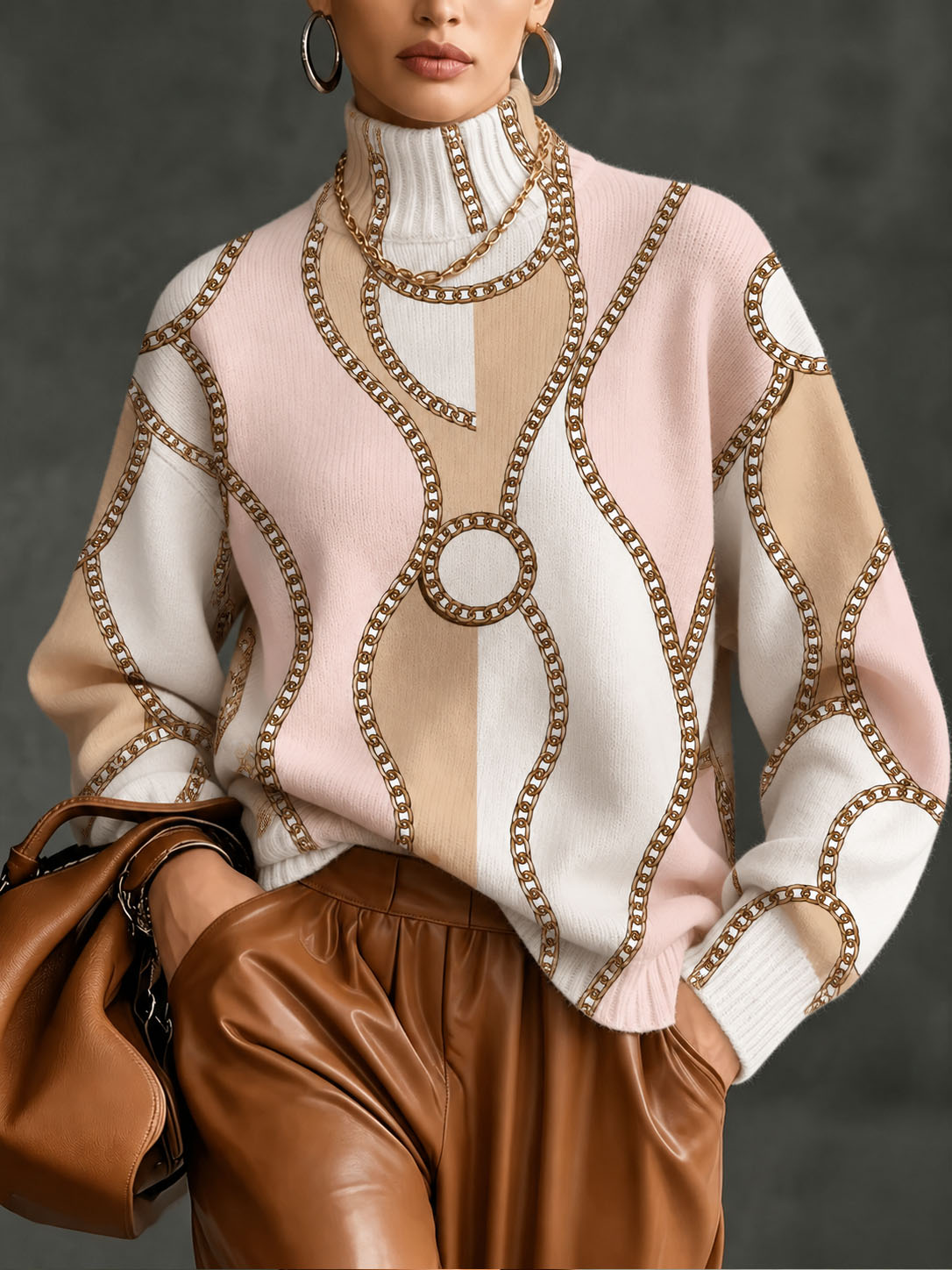 Women's Chain Print Turtleneck Sweater Long Sleeve Pullover Knit Top Elegant Loose Fit Casual Fall Winter Fashion Sweater