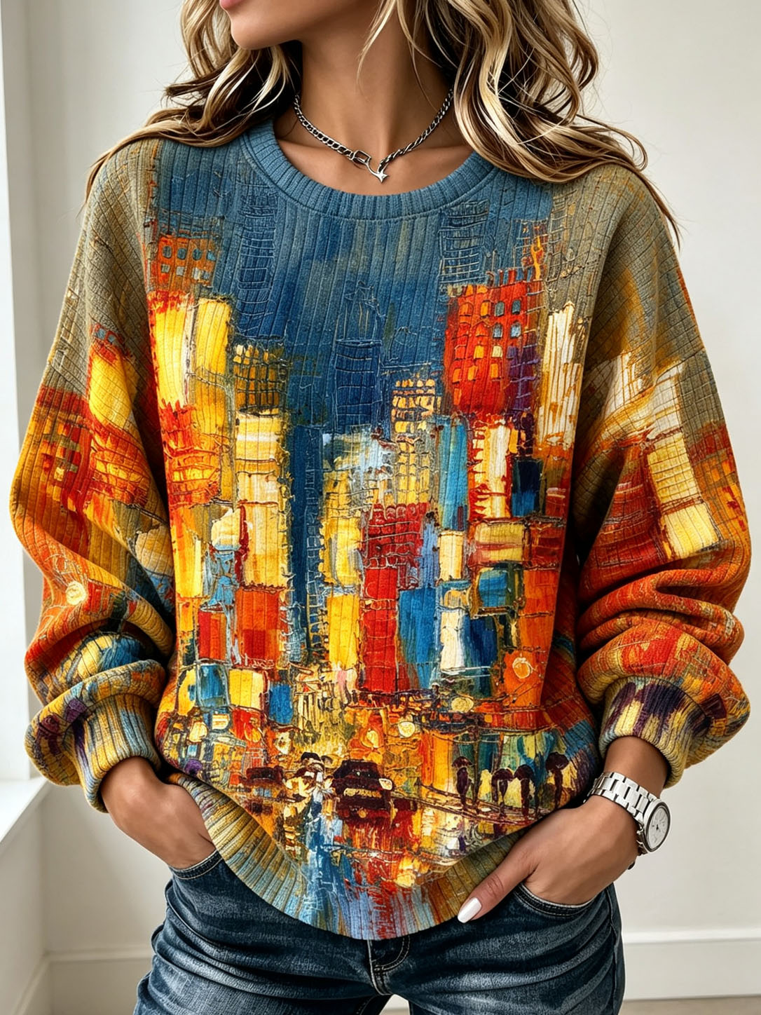 Women's Waffle Knit Crew Neck Sweatshirt, Abstract City Oil Painting Print Long Sleeve Loose Casual Pullover Tops
