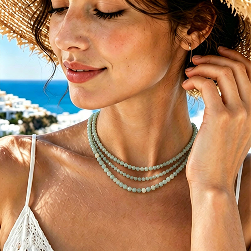 mazonite Beaded Necklace – Mediterranean Sea Inspired Gemstone Jewelry | Handmade Natural Stone Necklace for Women | Calm Ocean Blue Crystal Strand