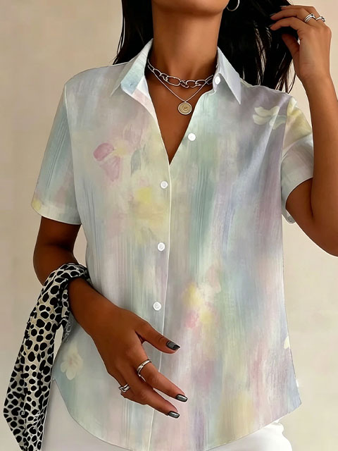 Women’s Watercolor Floral Button-Up Shirt – Short Sleeve Casual Blouse
