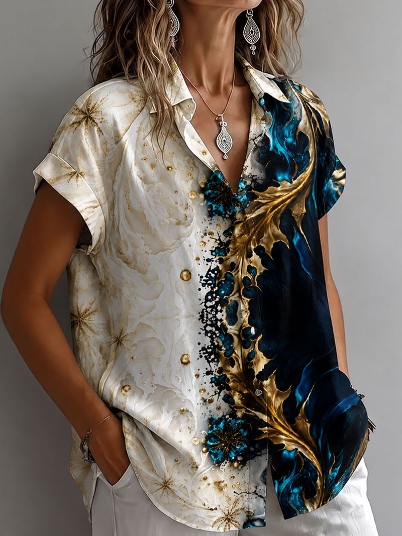 Women's Floral Printed Button Down Shirt – Elegant Casual Short Sleeve Blouse with Lightweight Polyester Fabric