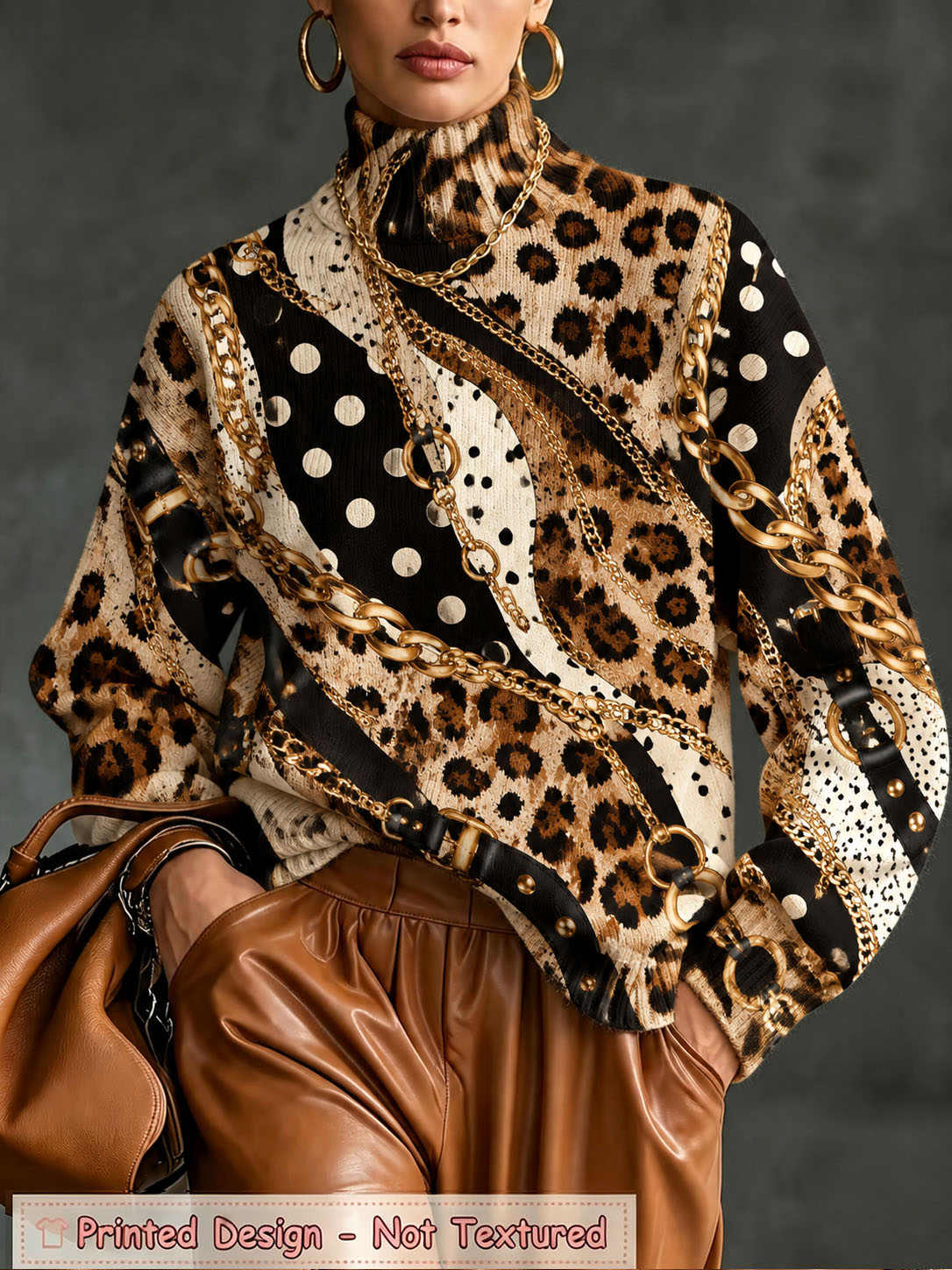 Women Turtleneck Printed Sweater, Retro Leopard Polka Dot Gold Chain Mixed Print Long Sleeve Loose Pullover Tops Fall Winter Casual Blouse