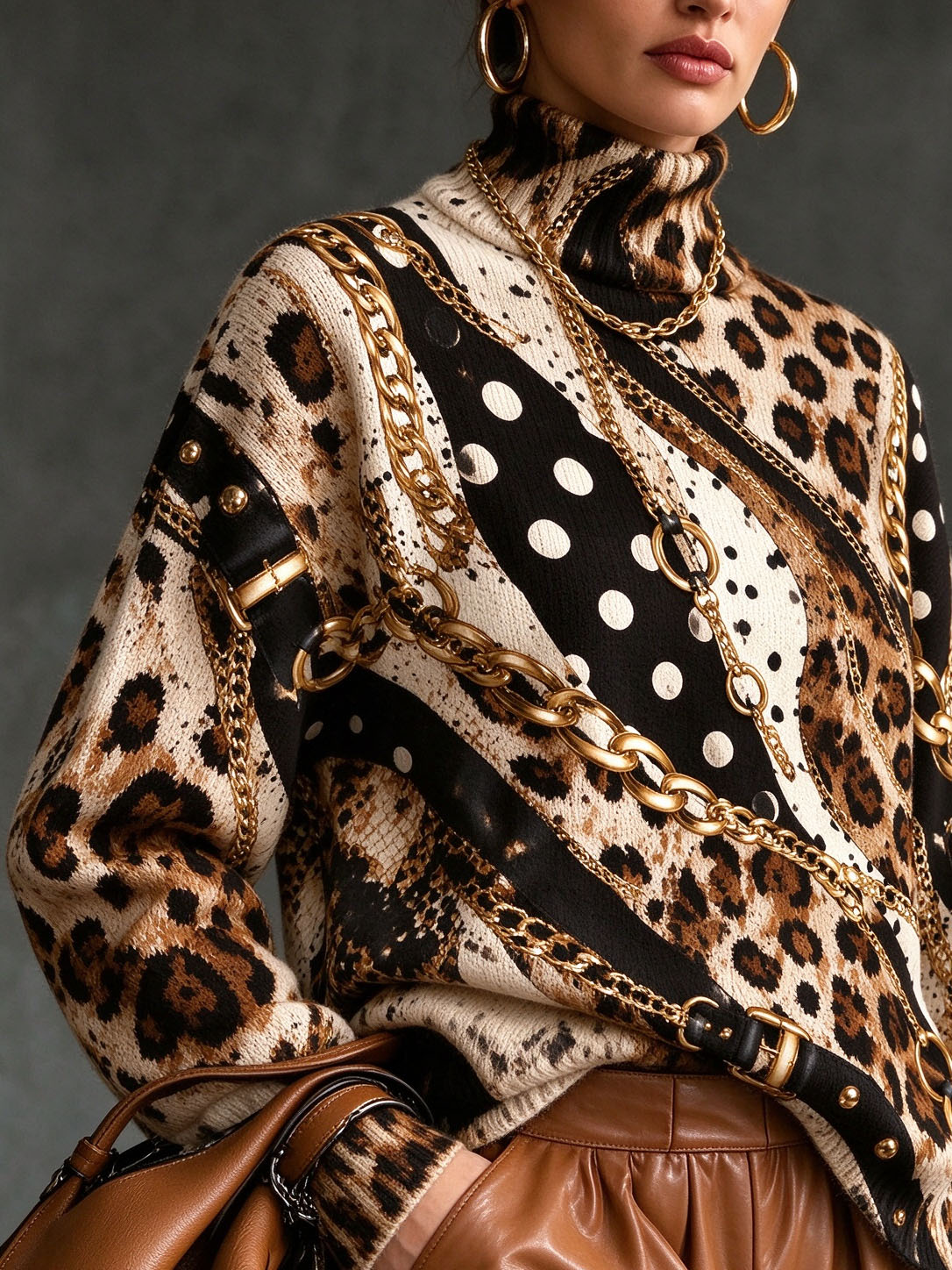 Women Turtleneck Printed Sweater, Retro Leopard Polka Dot Gold Chain Mixed Print Long Sleeve Loose Pullover Tops Fall Winter Casual Blouse