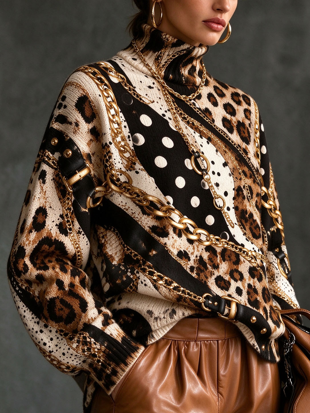 Women Turtleneck Printed Sweater, Retro Leopard Polka Dot Gold Chain Mixed Print Long Sleeve Loose Pullover Tops Fall Winter Casual Blouse
