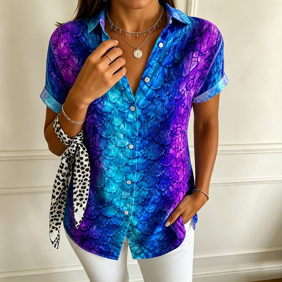 Women’s Short Sleeve Button Down Shirt – Vibrant Mermaid Scale Print Casual Blouse, Lightweight Summer Top
