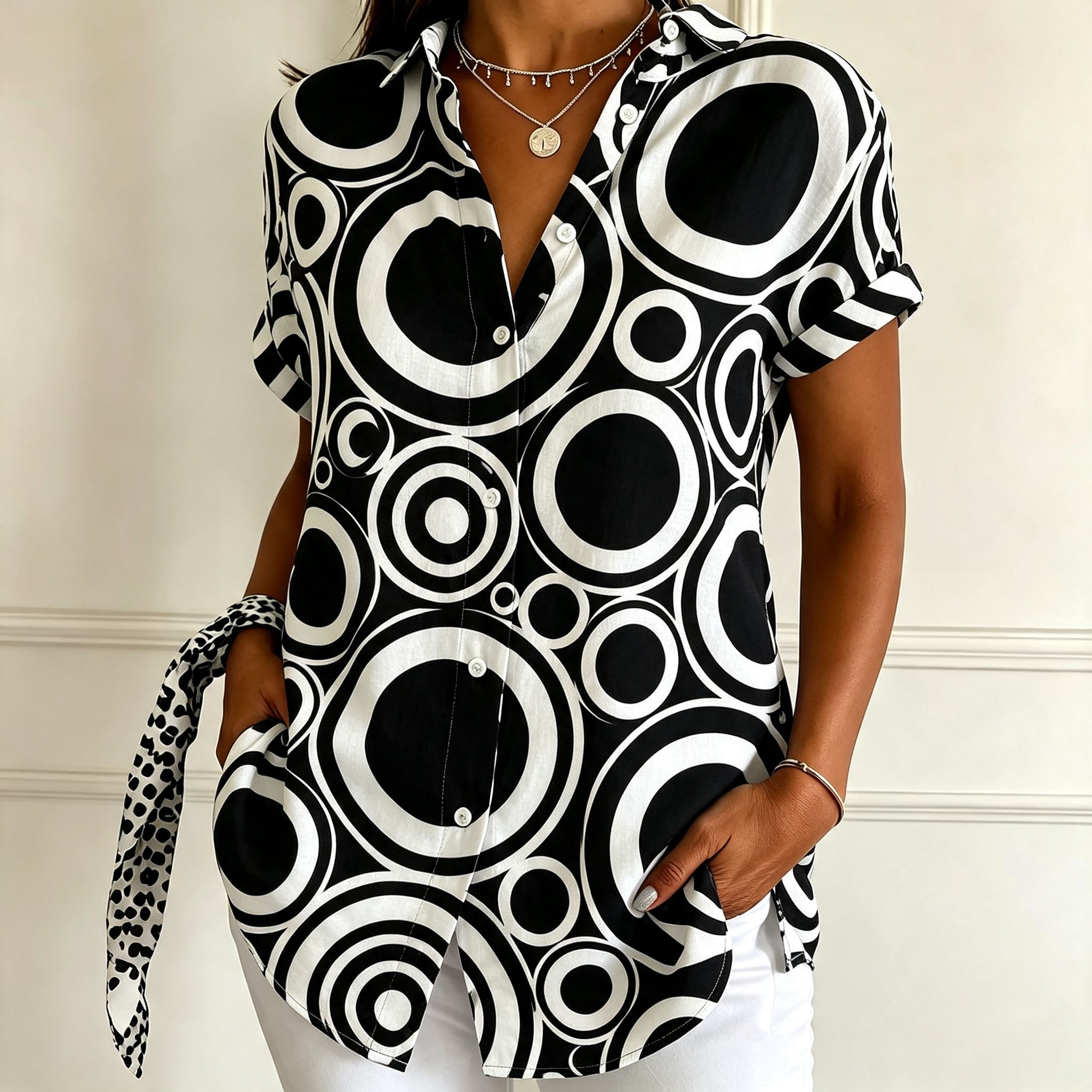 Women’s Abstract Geometric Print Button Down Shirt, Short Sleeve Casual Blouse, Black White Artistic Circle Pattern Loose Fit Summer Top