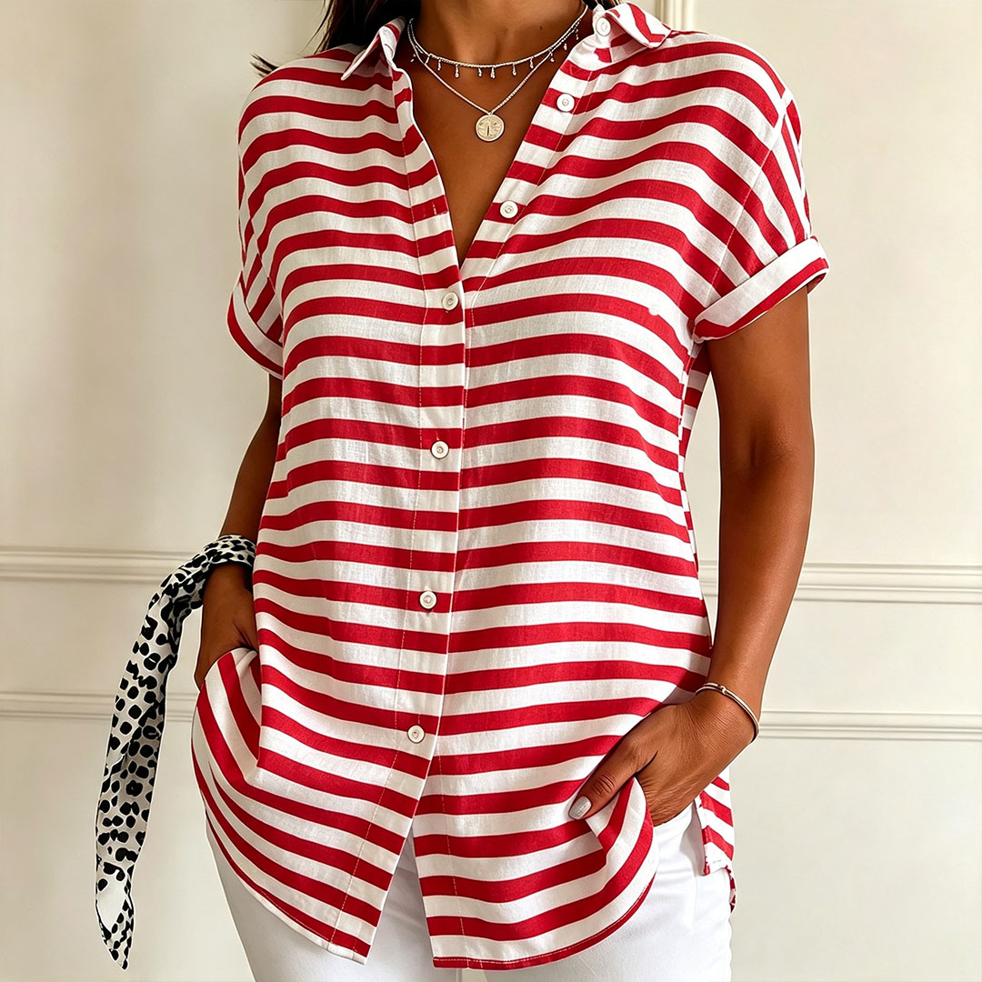 Women's Black and White Striped Button Down Shirt – Short Sleeve Casual Blouse, Lightweight Loose Fit Summer Top