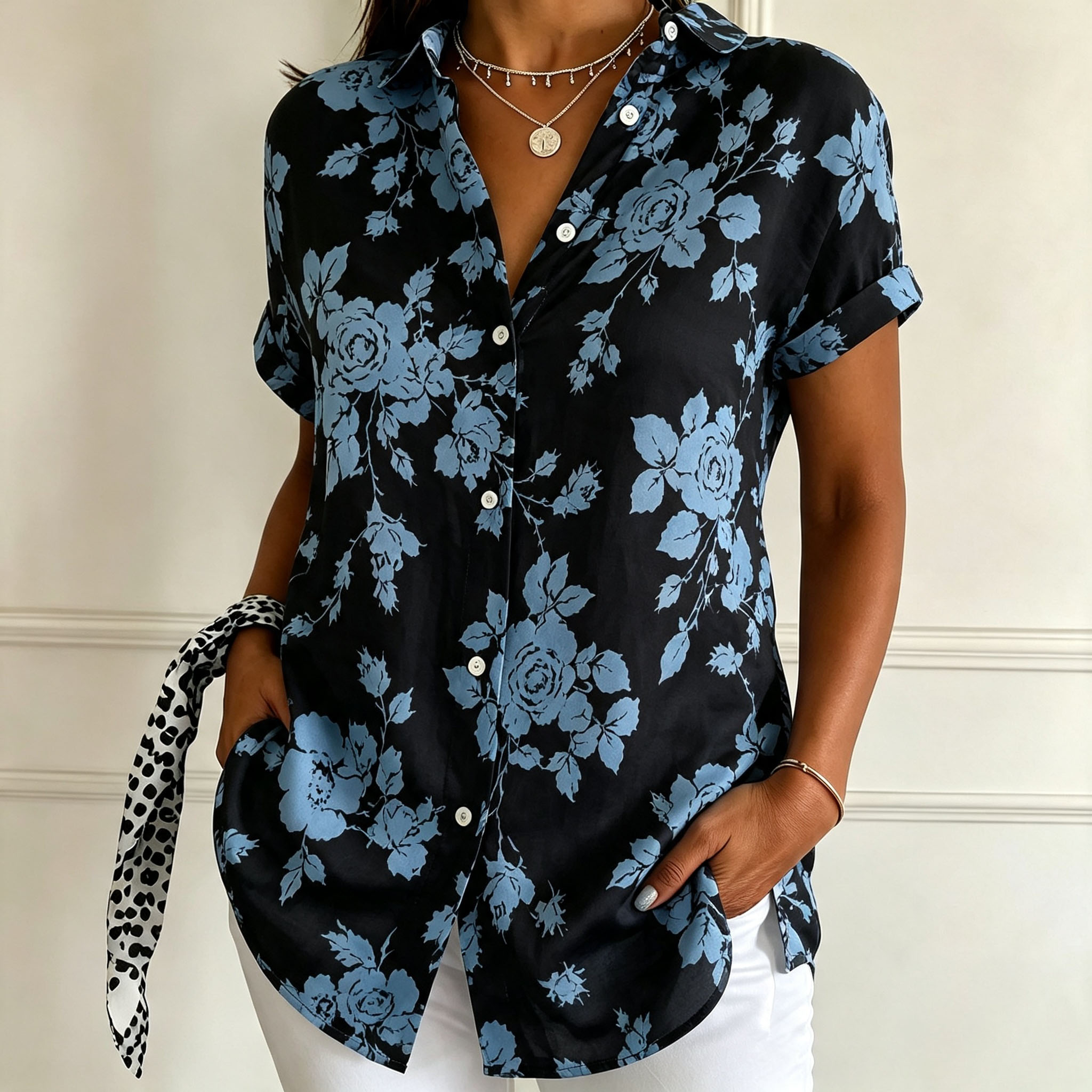 Women's Short Sleeve Button Down Shirt – Blue Floral Print Casual Blouse, Elegant Loose Fit Top with Lightweight Polyester Fabric