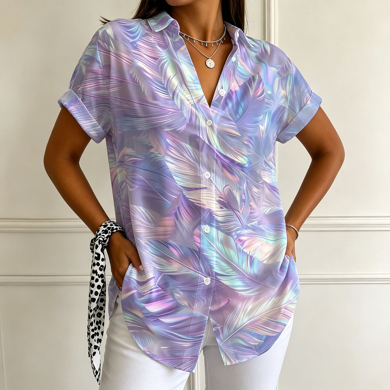 Women’s Short Sleeve Button Down Shirt Abstract Printed Blouse Casual Loose Fit Collared Tops Lightweight Summer Shirt for Women-gemscharms