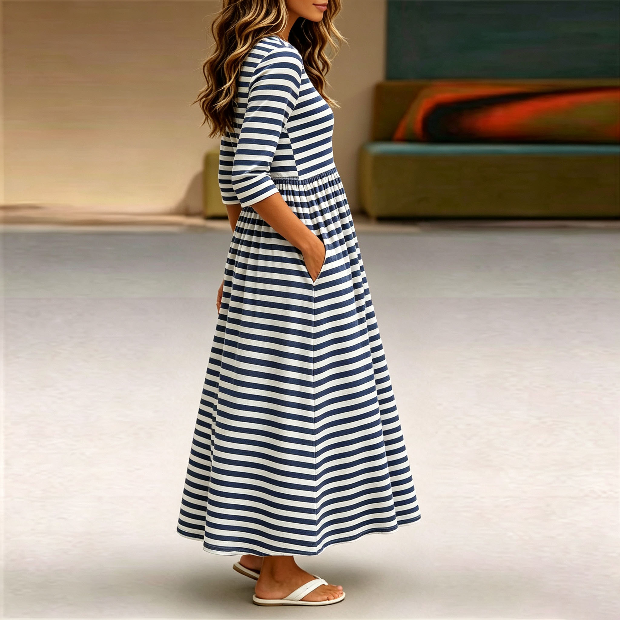 Women’s Striped Maxi Dress, Navy Blue and White Long Sleeve Casual Dress, A-Line Swing Dress with Pockets, Classic Casual Summer Dress for Vacation, Travel, Work & Everyday Wear