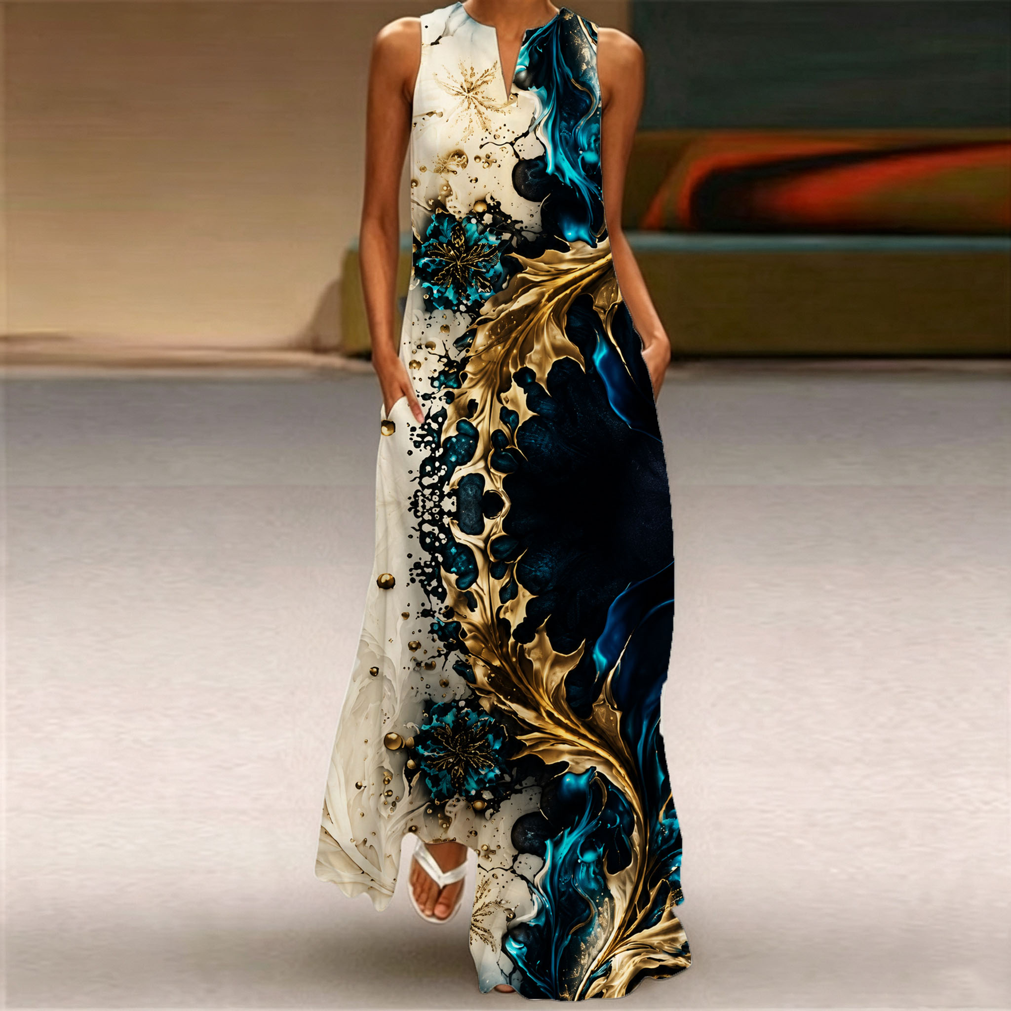 Women's Abstract Blue Gold Marble Print Maxi Dress – Sleeveless Elegant Summer Dress with Artistic Luxury Pattern and Flowing A-Line Fit