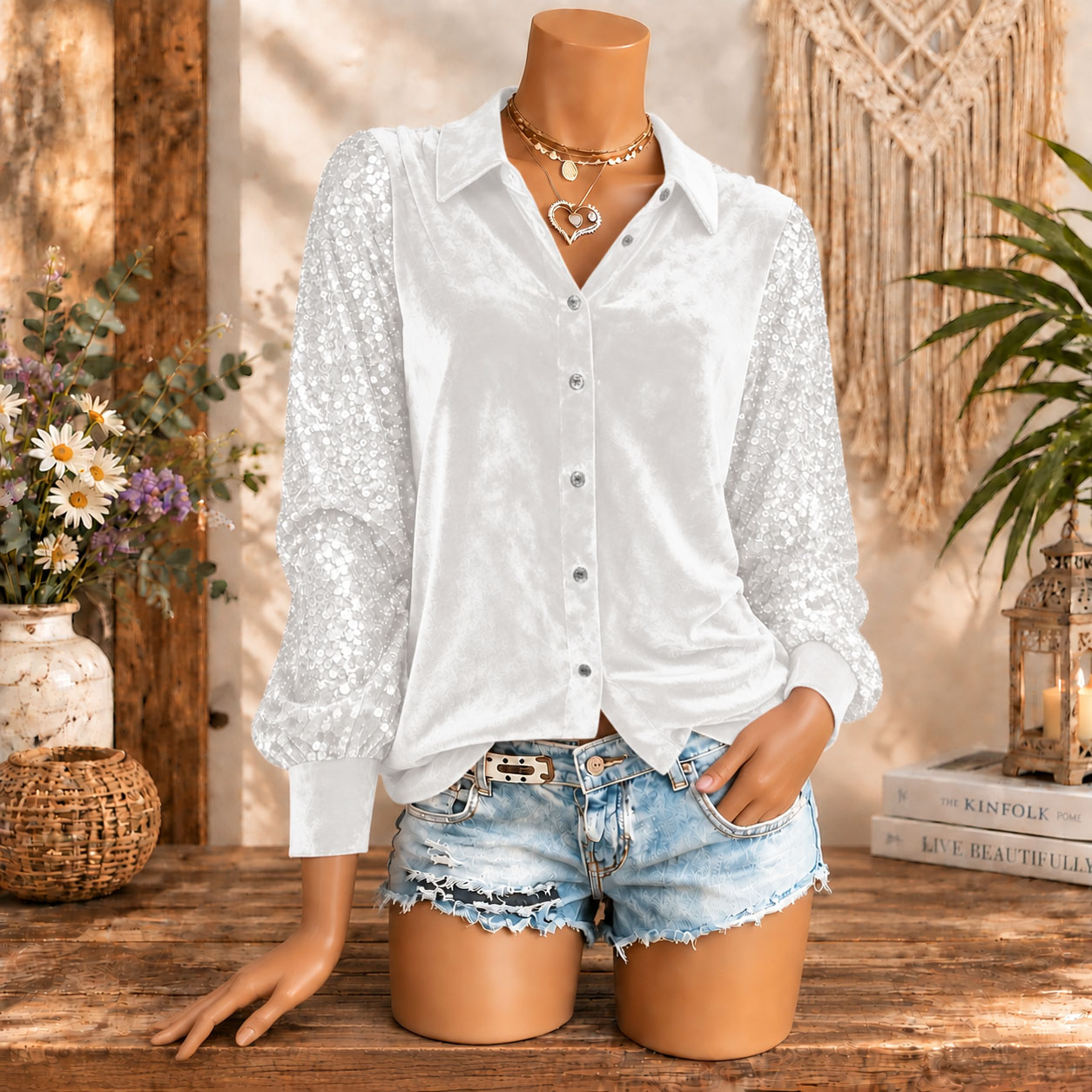 Women's Velvet Button Down Shirt Sequin Long Sleeve Blouse Elegant Sparkle Party Top Casual Luxury Shirt for Fall Winter