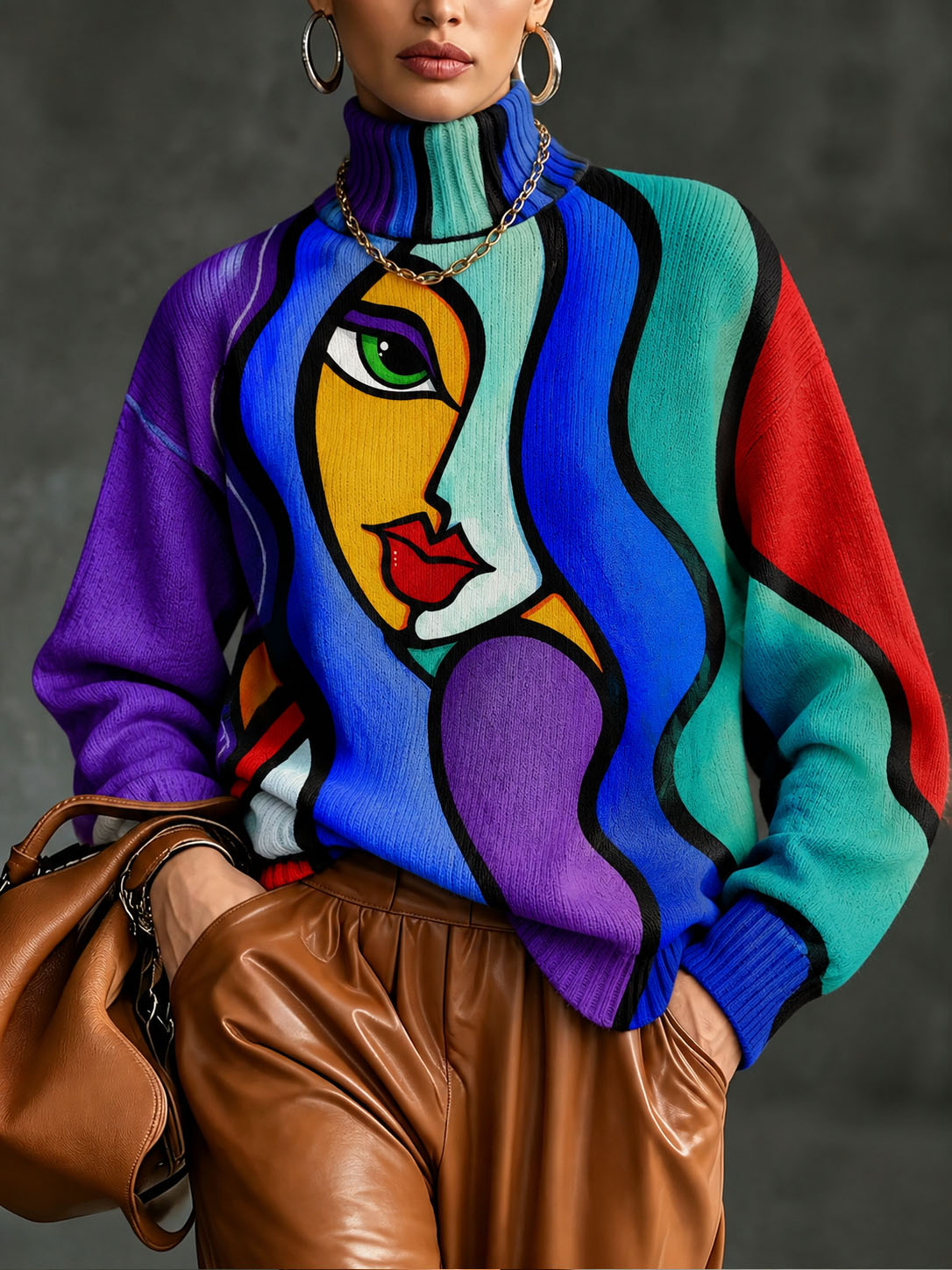 Women's Colorful Printed Turtleneck Sweater Long Sleeve Loose Fit Pullover Knit Top Casual Fashion Warm Soft Sweater for Fall Winter