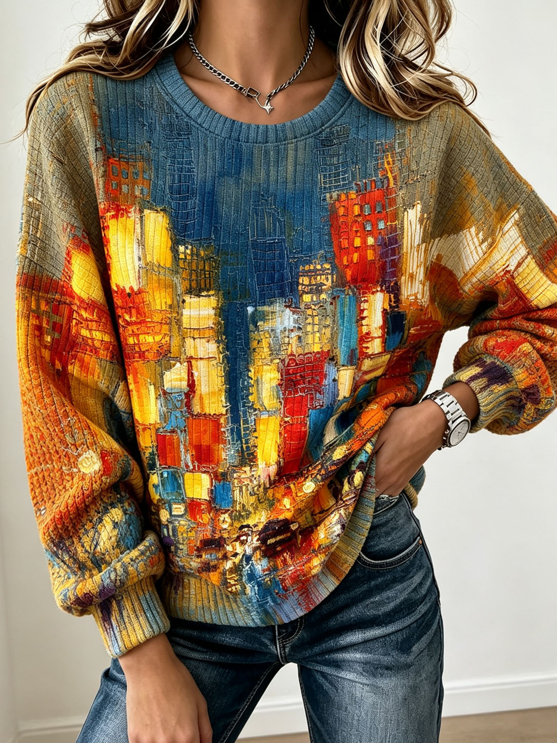 Women's Waffle Knit Crew Neck Sweatshirt, Abstract City Oil Painting Print Long Sleeve Loose Casual Pullover Tops