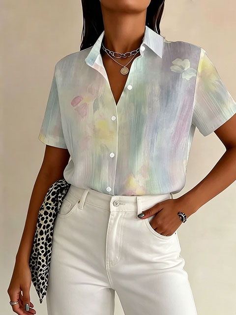 Women’s Watercolor Floral Button-Up Shirt – Short Sleeve Casual Blouse