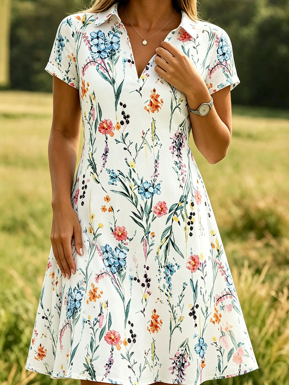 Women’s Floral Print V-Neck Summer Dress – Short Sleeve A-Line Casual Midi Dress, Lightweight Polyester, Pullover Design