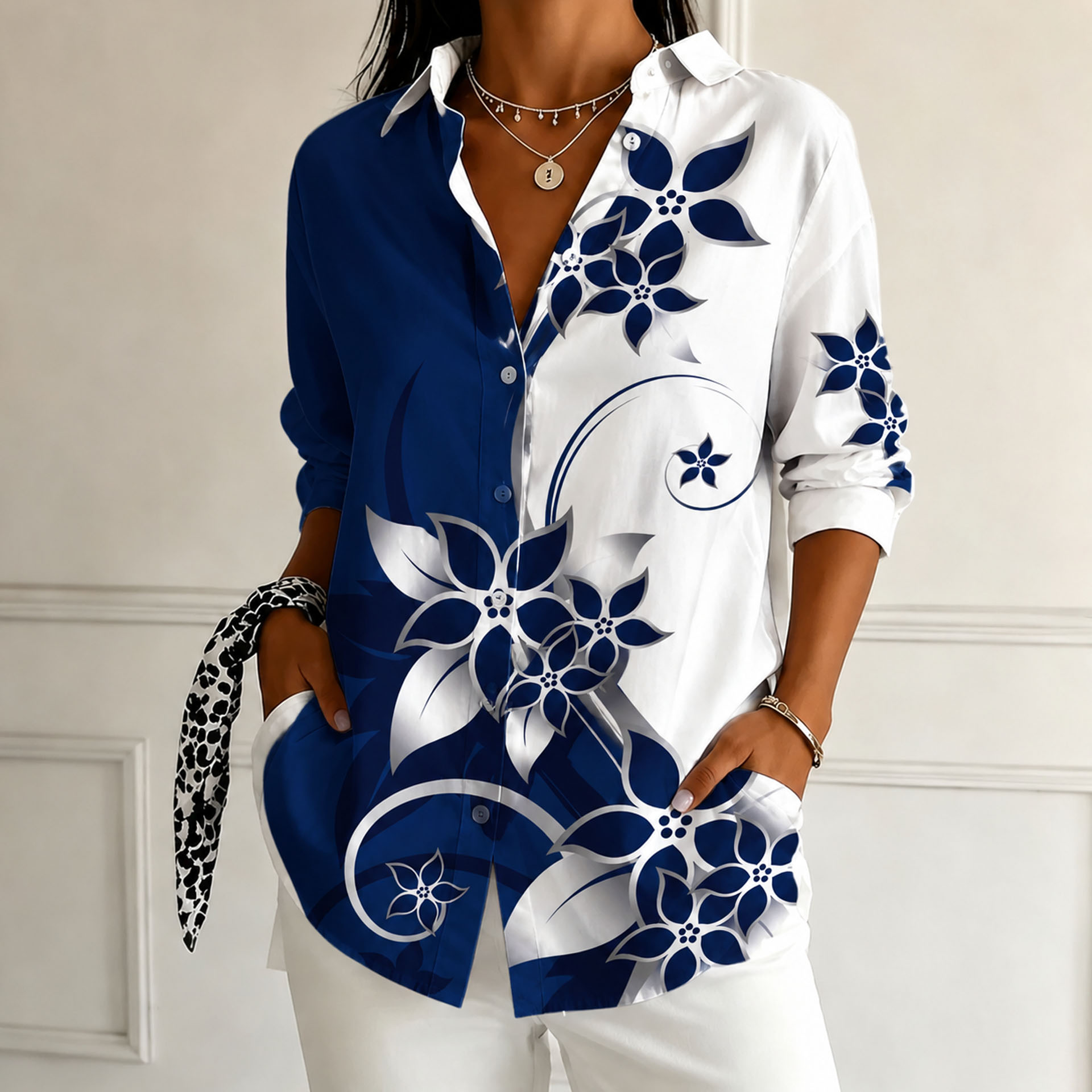 Women's Floral Print Button Down Shirt – Elegant Casual Loose Fit Blouse with Soft Polyester Fabric