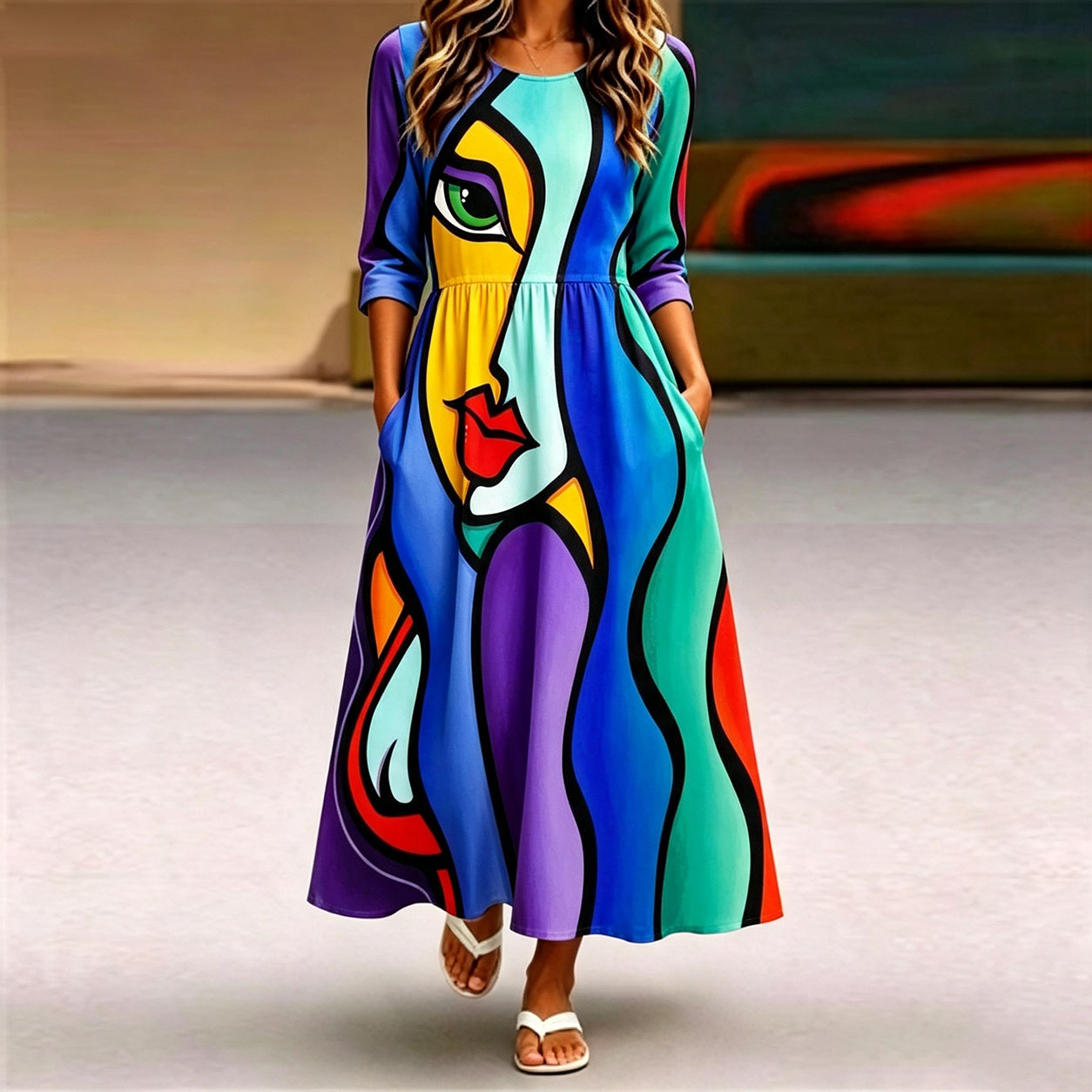 Women's Abstract Face Print Midi Dress – Colorful Artistic A-Line Dress with Pockets, Mid-Length Sleeve Casual Loose Fit Dress-gemscharms
