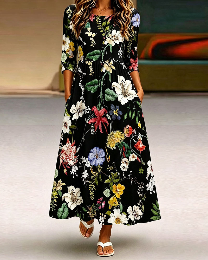 Women's Floral Maxi Dress A Line Dress with Pockets Elegant Black Flower Print Long Dress Casual Summer Spring Dresses for Women