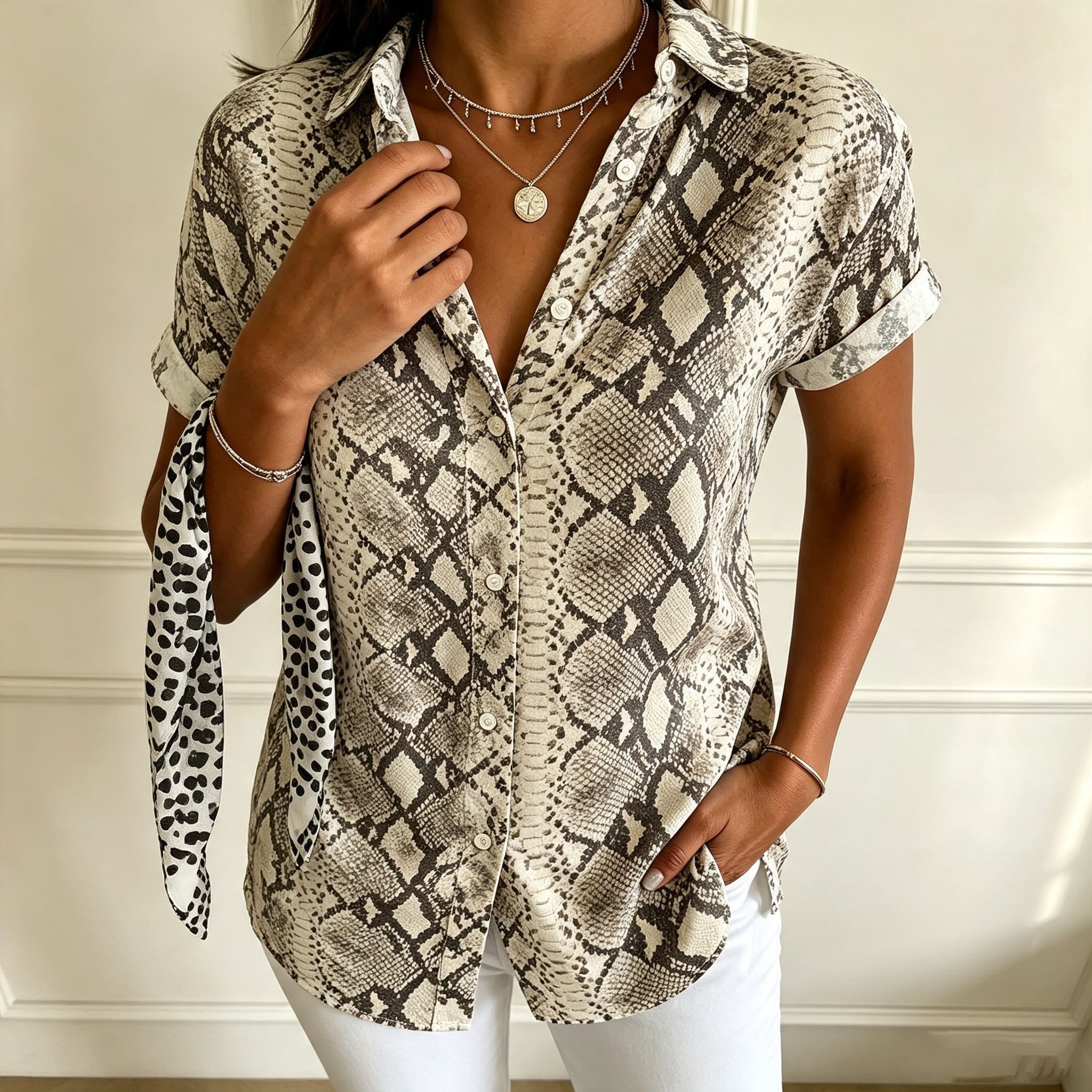 Women's Snake Print Button Down Shirt Short Sleeve Animal Print Blouse Lightweight Polyester Casual Loose Fit Fashion Tops for Vacation Work Daily Wear